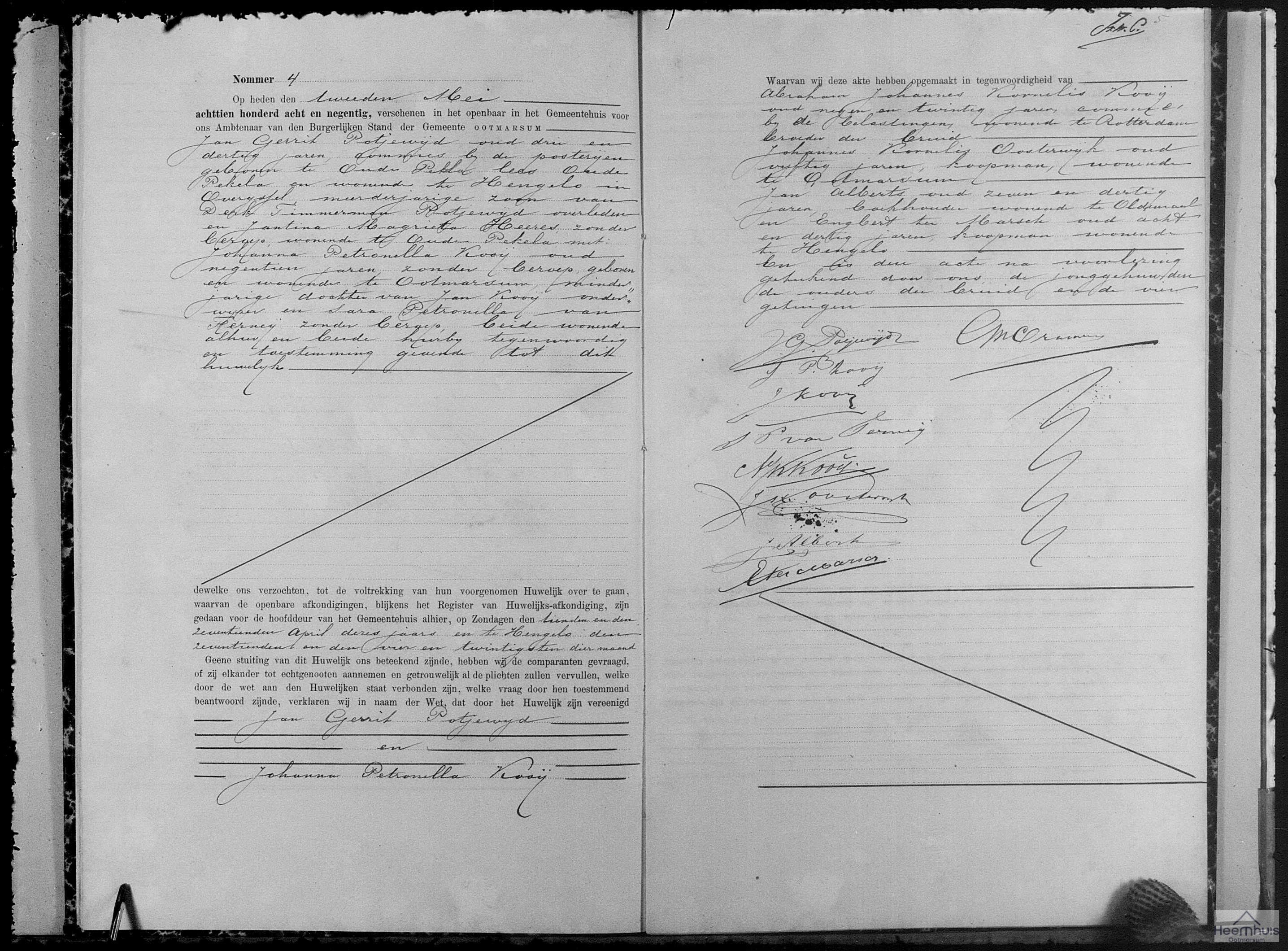 Huwelijksakte van Jan Gerrit Potjewijd en Johanna Petronella Kooij