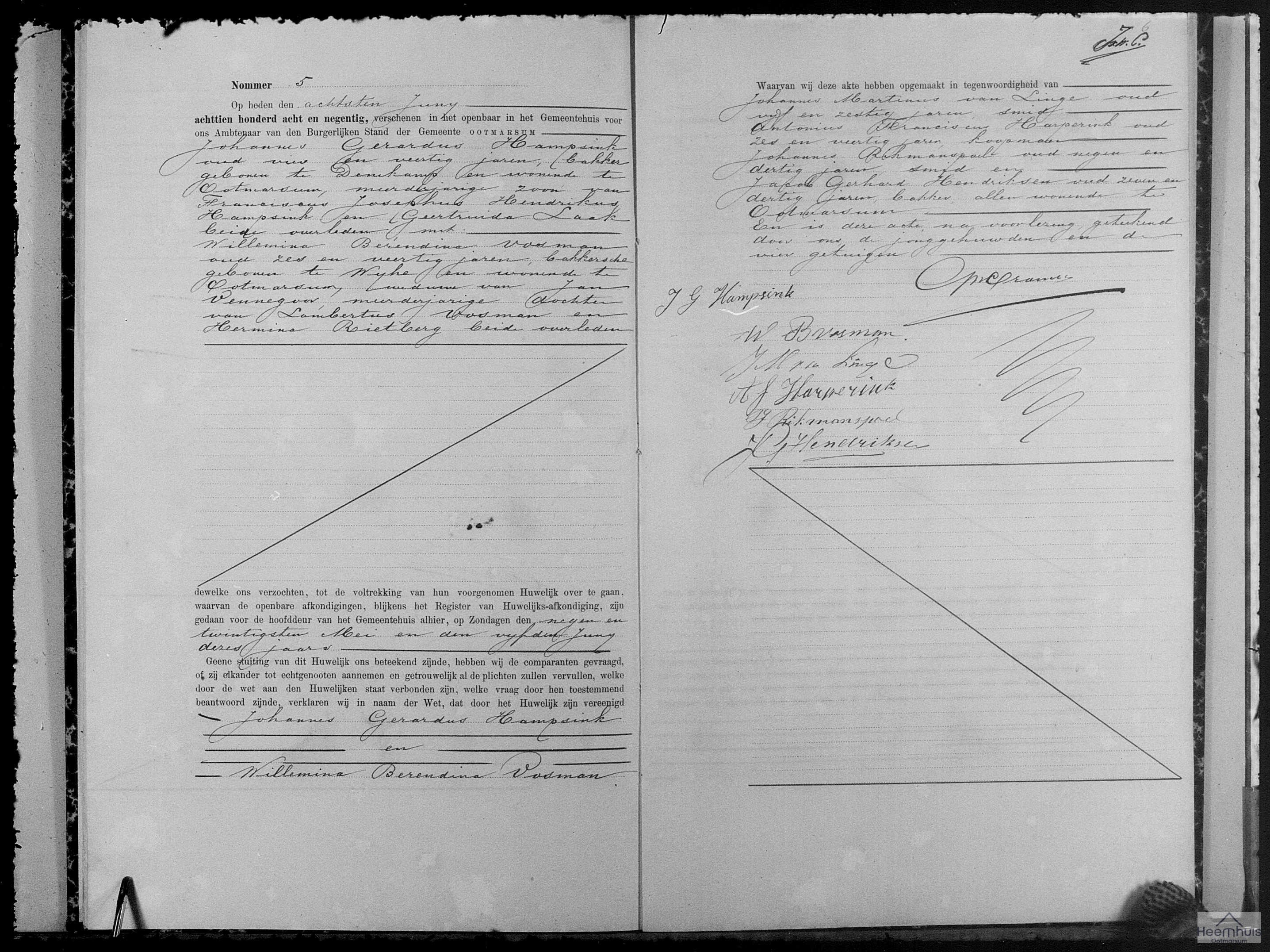 Huwelijksakte van Johannes Gerardus Hampsink en Willemina Berendina Vosman Huwelijksakte van Johannes Gerardus Hampsink en Willemina Berendina Vosman