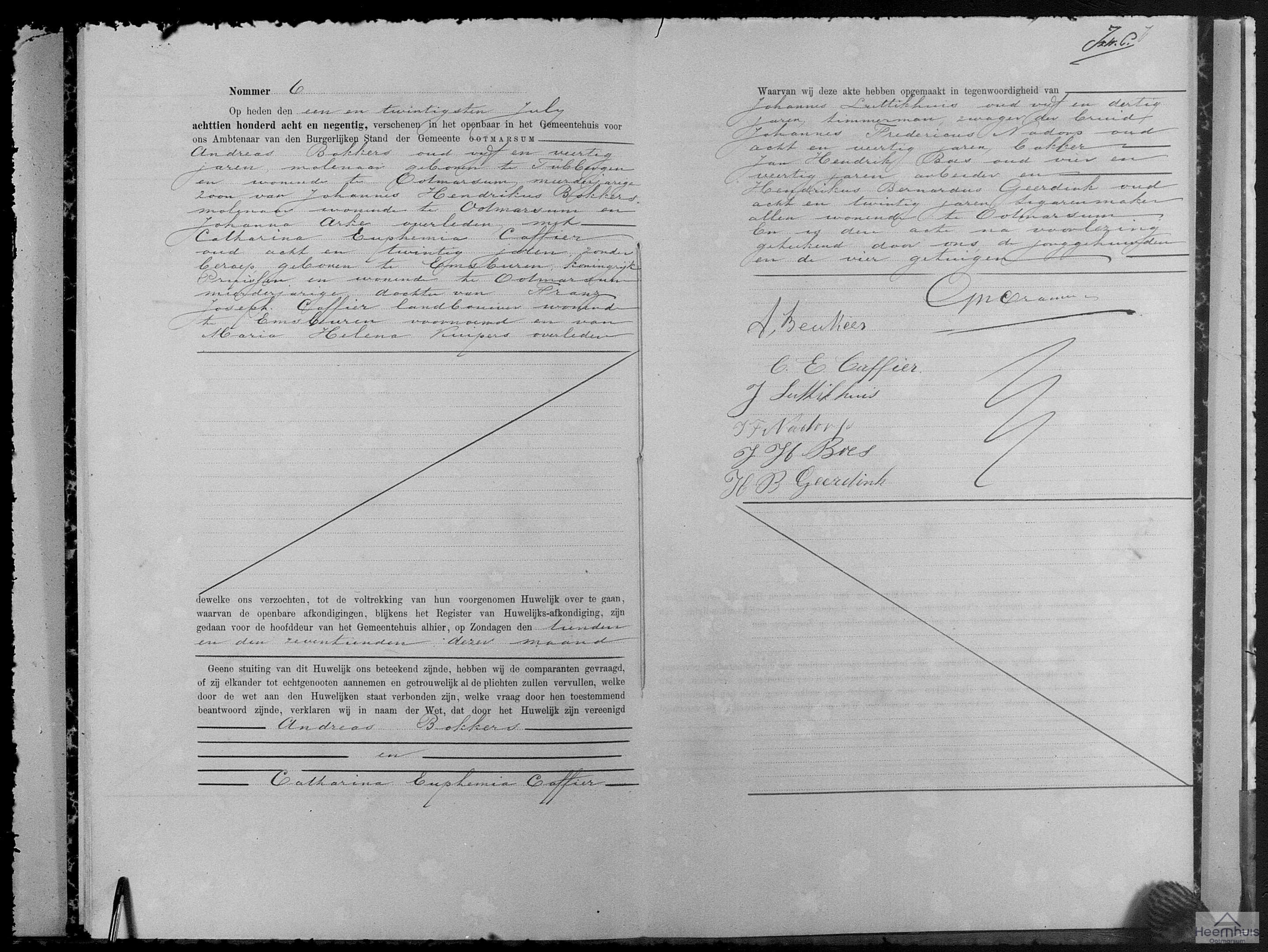 Huwelijksakte van Andreas Bokkers en Catharina Euphemia Caffier