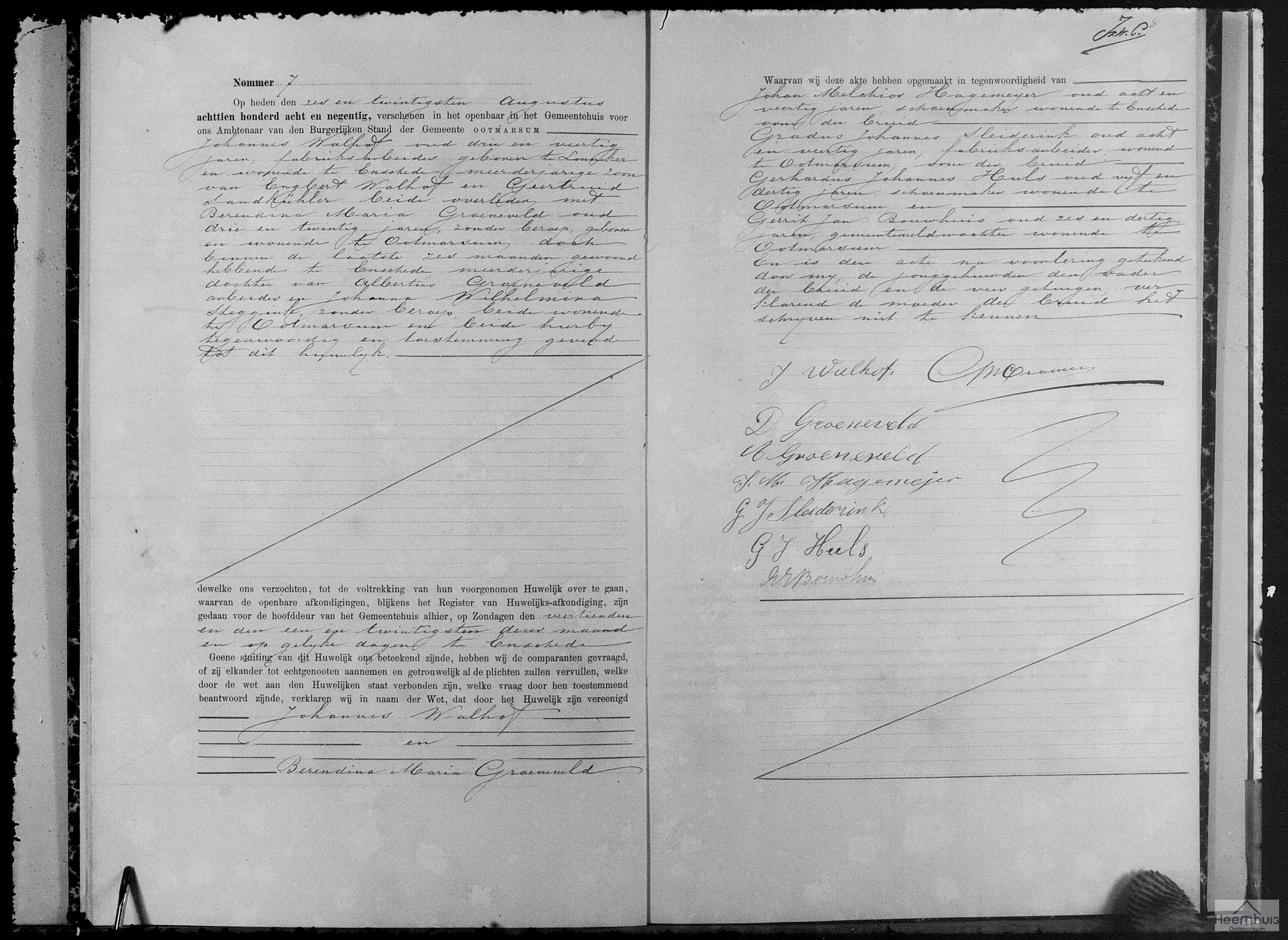 Huwelijksakte van Johannes Walhof en Berendina Maria Groeneveld Huwelijksakte van Johannes Walhof en Berendina Maria Groeneveld