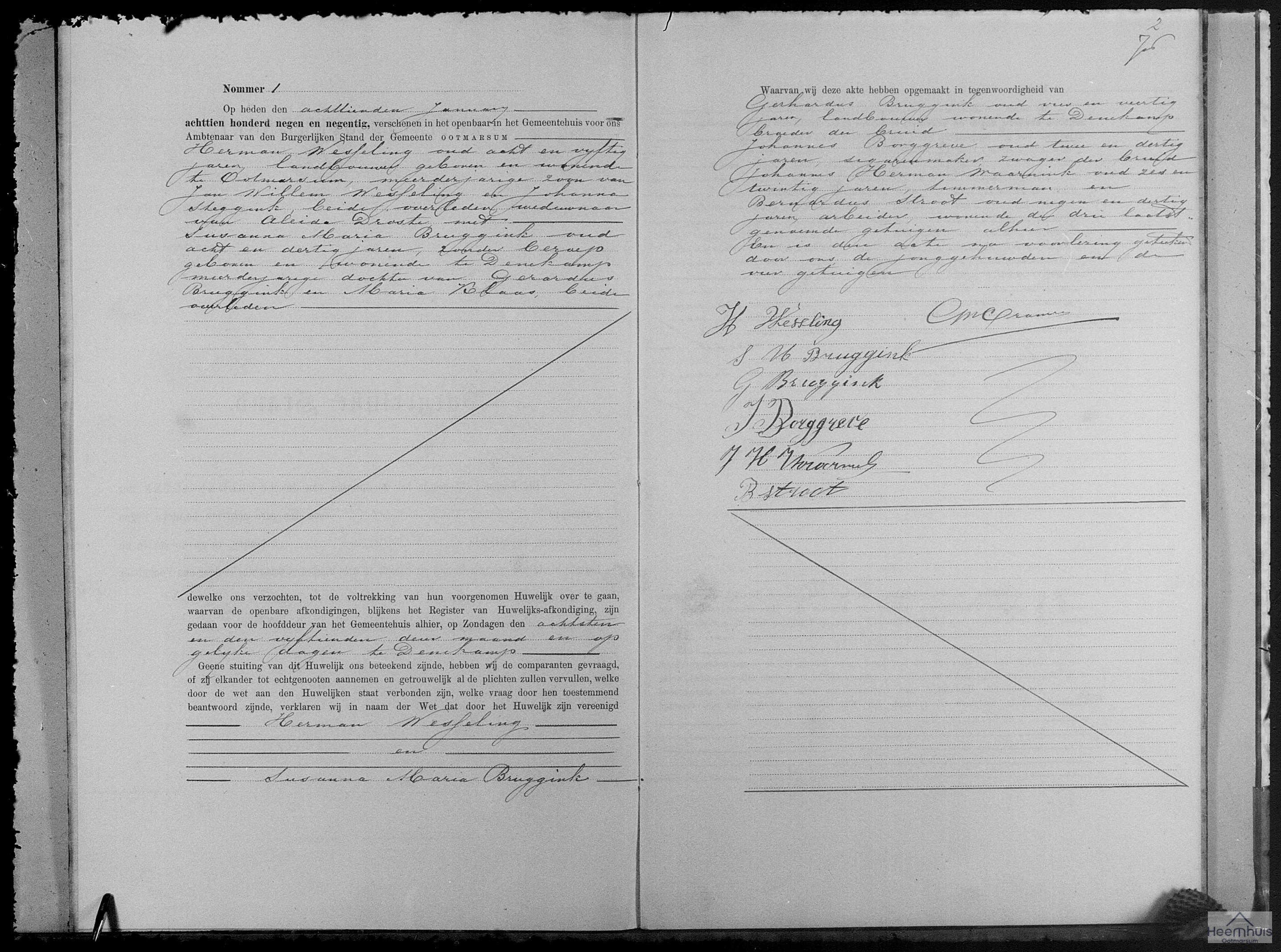 Huwelijksakte van Herman Wesseling en Susanna Maria Bruggink