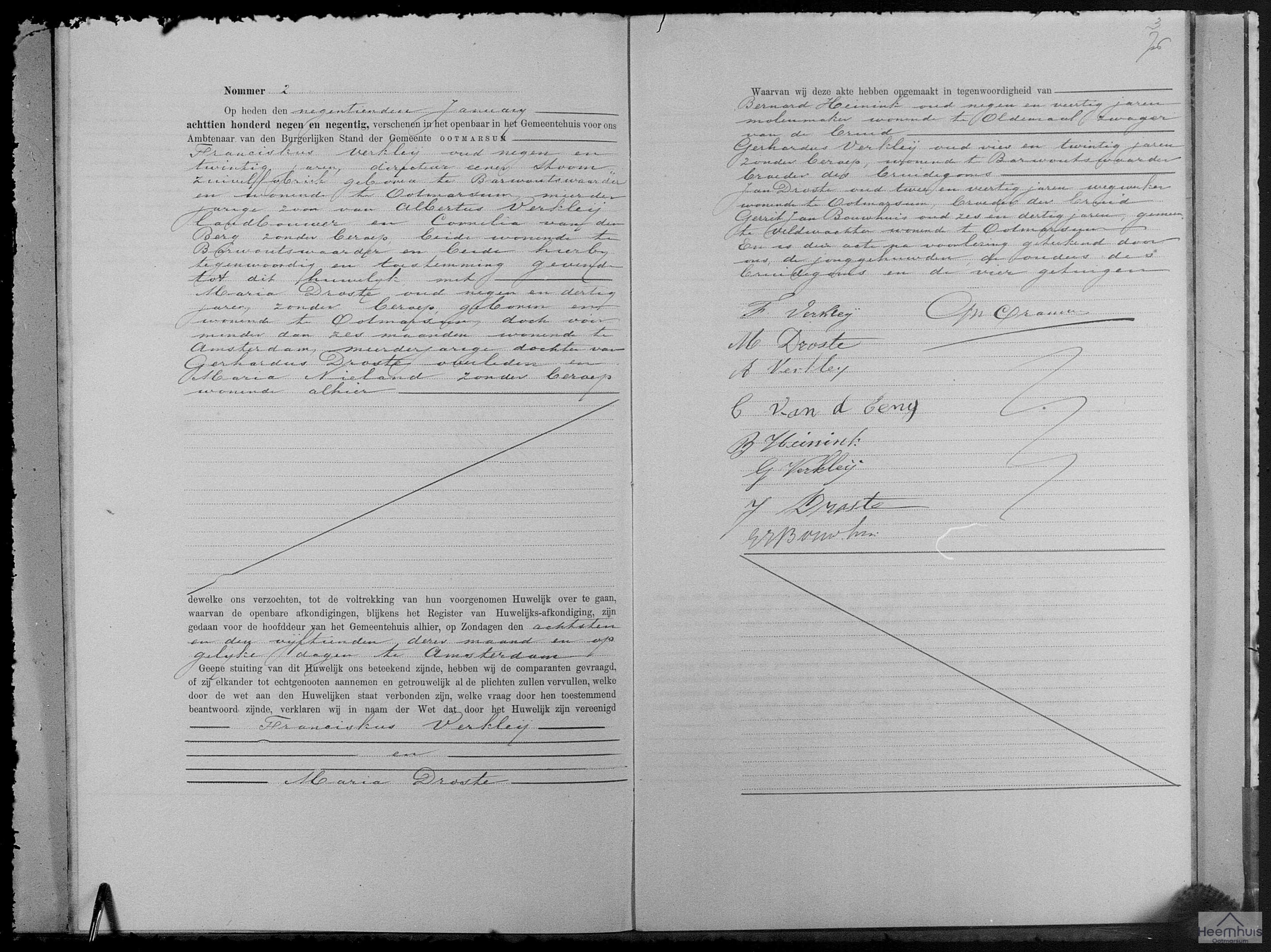 Huwelijksakte van Franciskus Verkleij en Maria Droste
