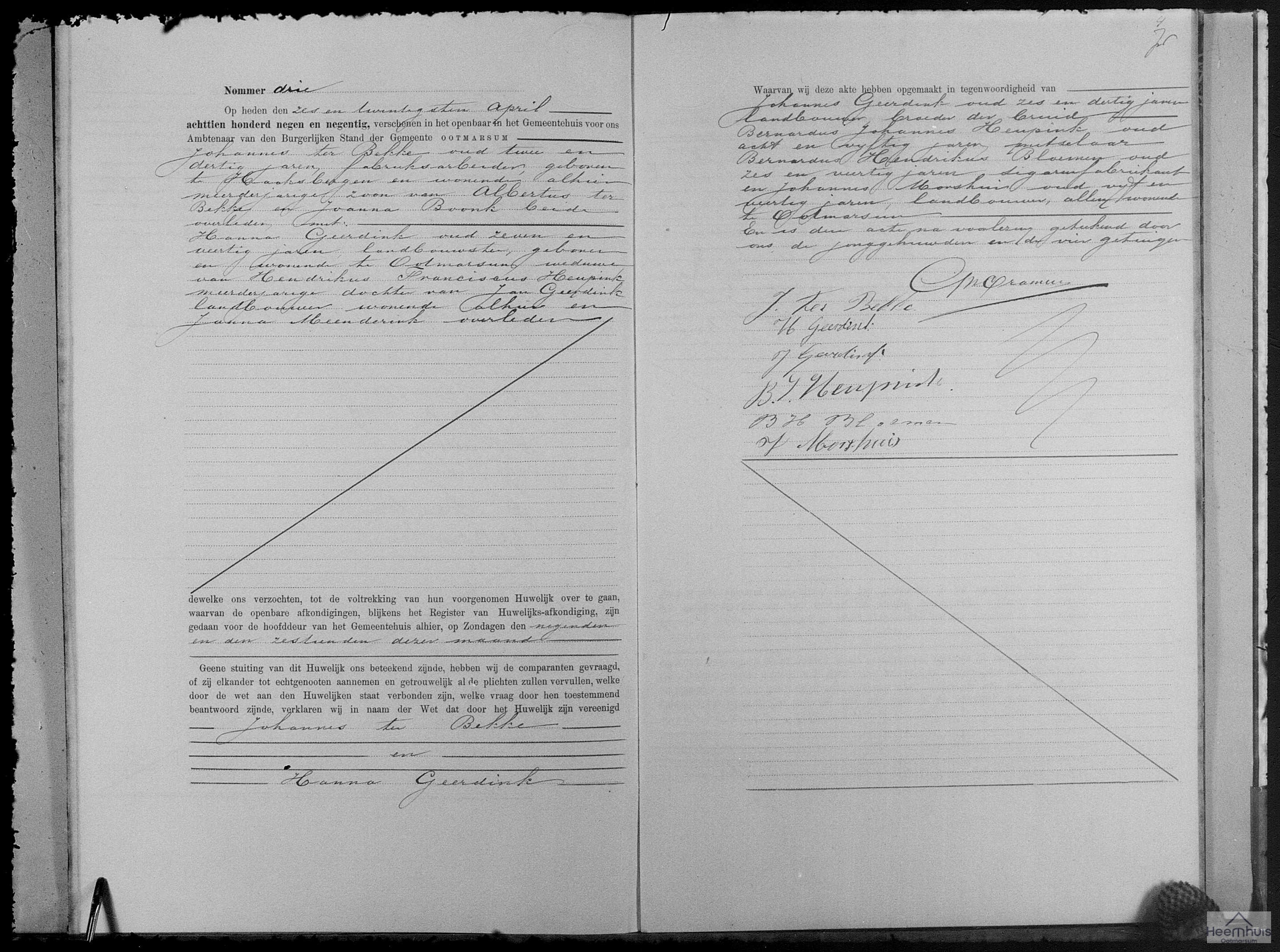 Huwelijksakte van Johannes ter Bekke en Hanna Geerdink