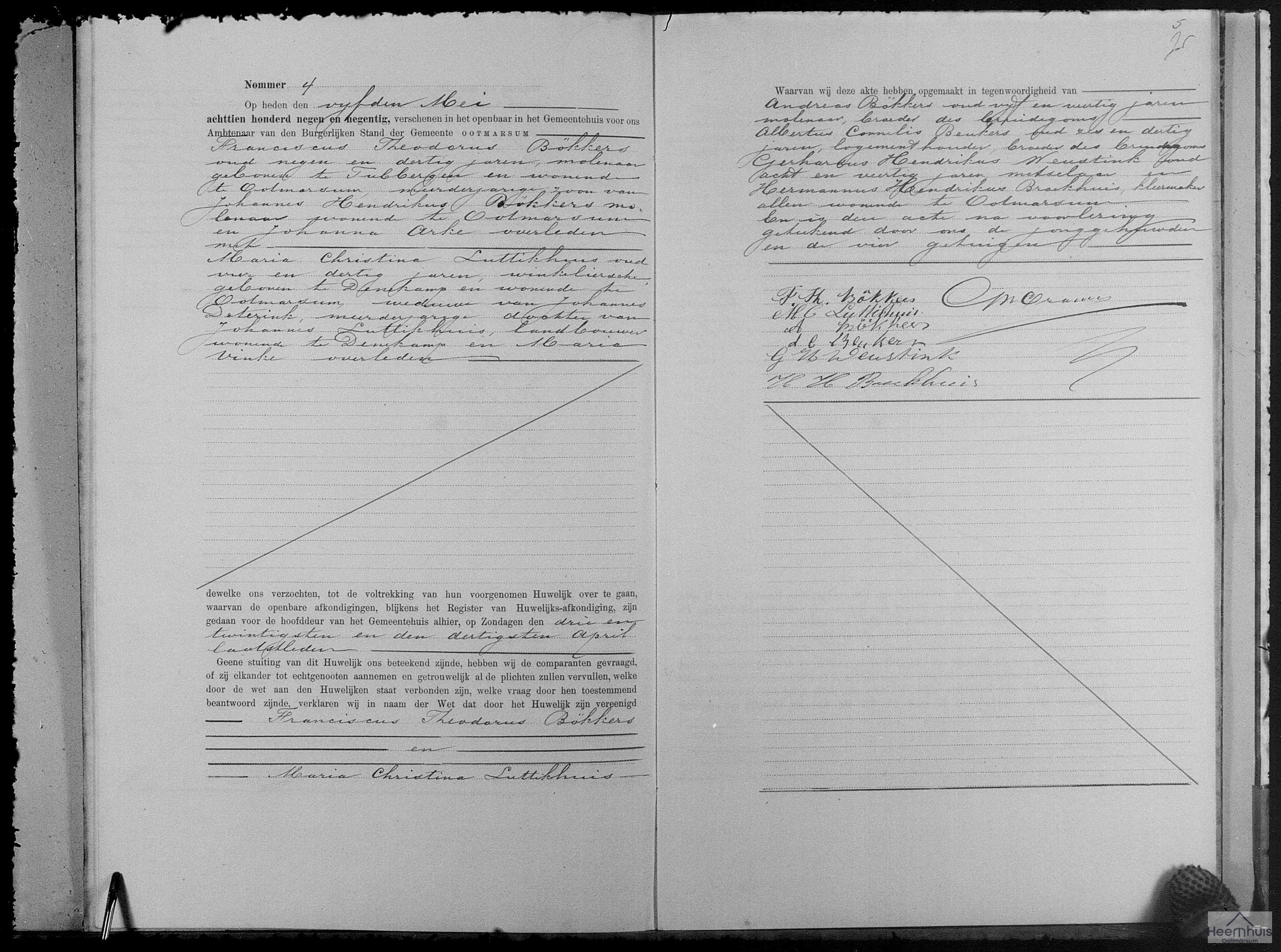 Huwelijksakte van Franciscus Theodorus Bökkers en Maria Christina Luttikhuis