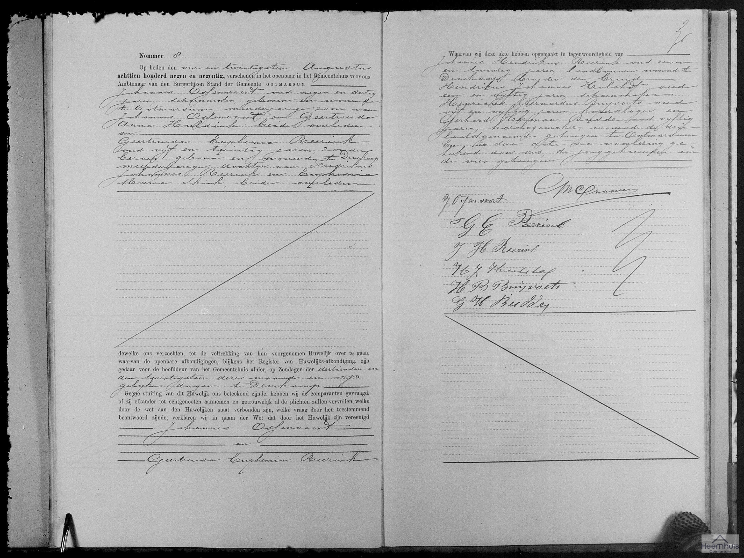 Huwelijksakte van Johannes Ossenvoort en Geertruida Euphemia Reerink