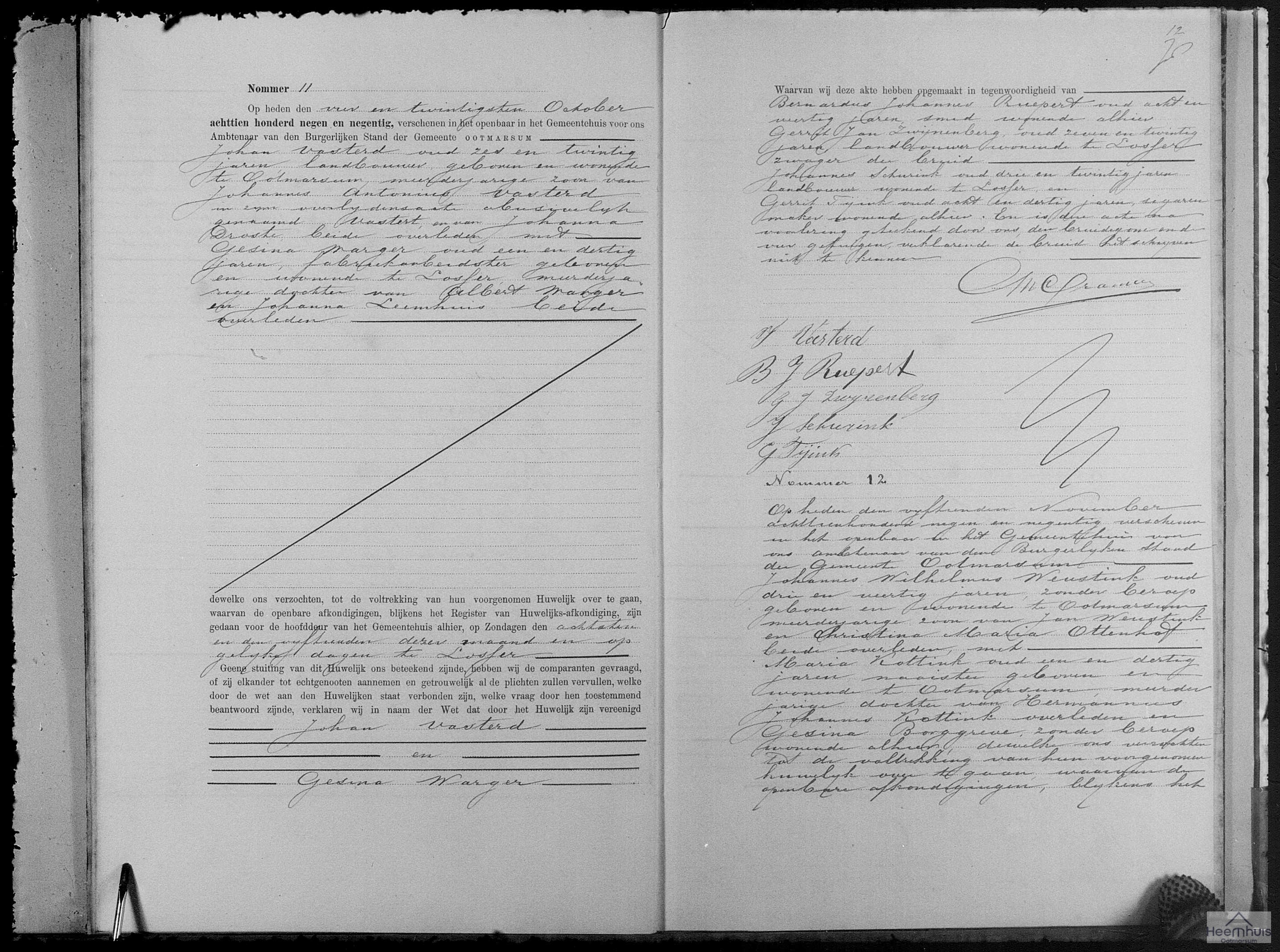 Huwelijksakte van Johannes Wilhelmus Weustink en Maria Kottink