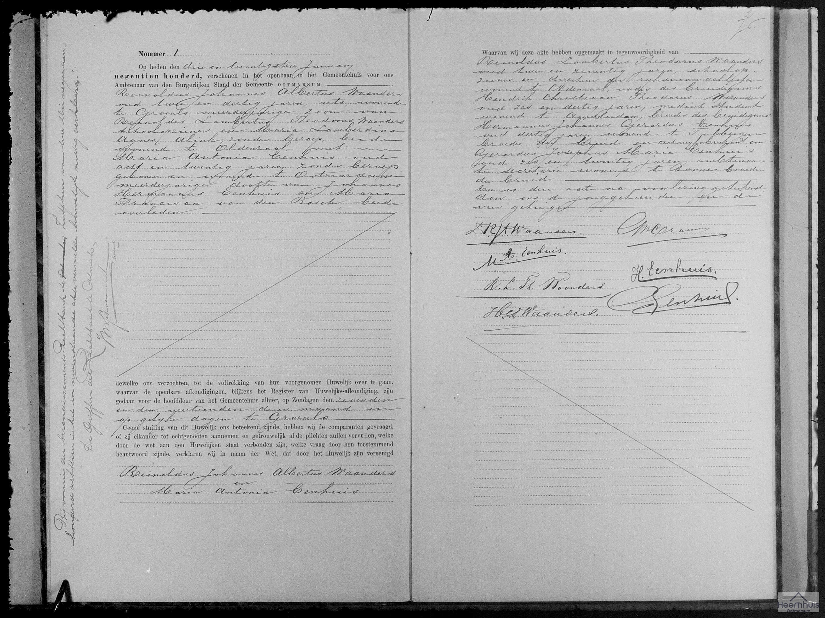 Huwelijksakte van Reinoldus Johannes Albertus Waanders en Maria Antonia Eenhuis Huwelijksakte van Reinoldus Johannes Albertus Waanders en Maria Antonia Eenhuis
