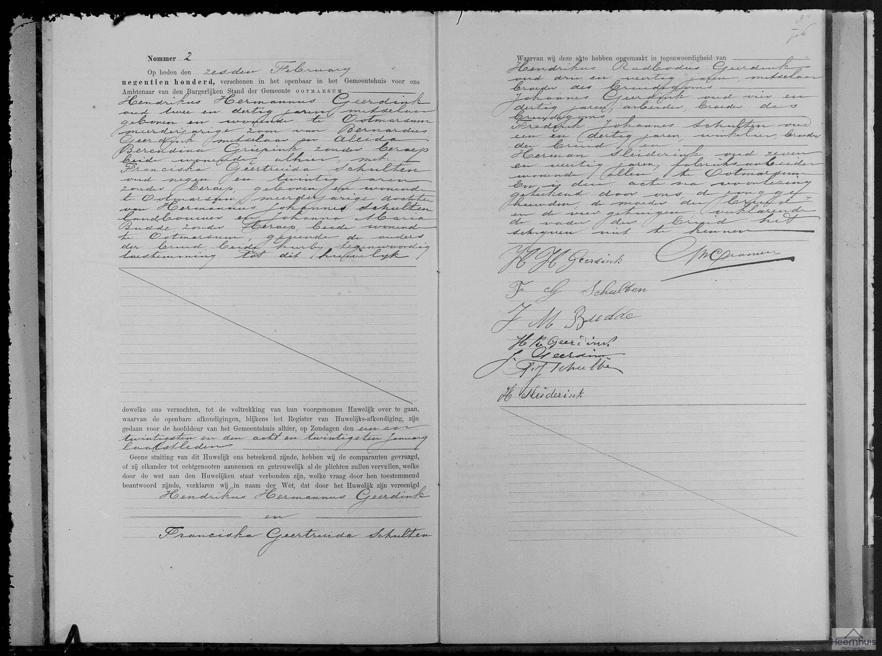 Huwelijksakte van Hendrikus Hermannus Geerdink en Franciska Geertruida Schulten