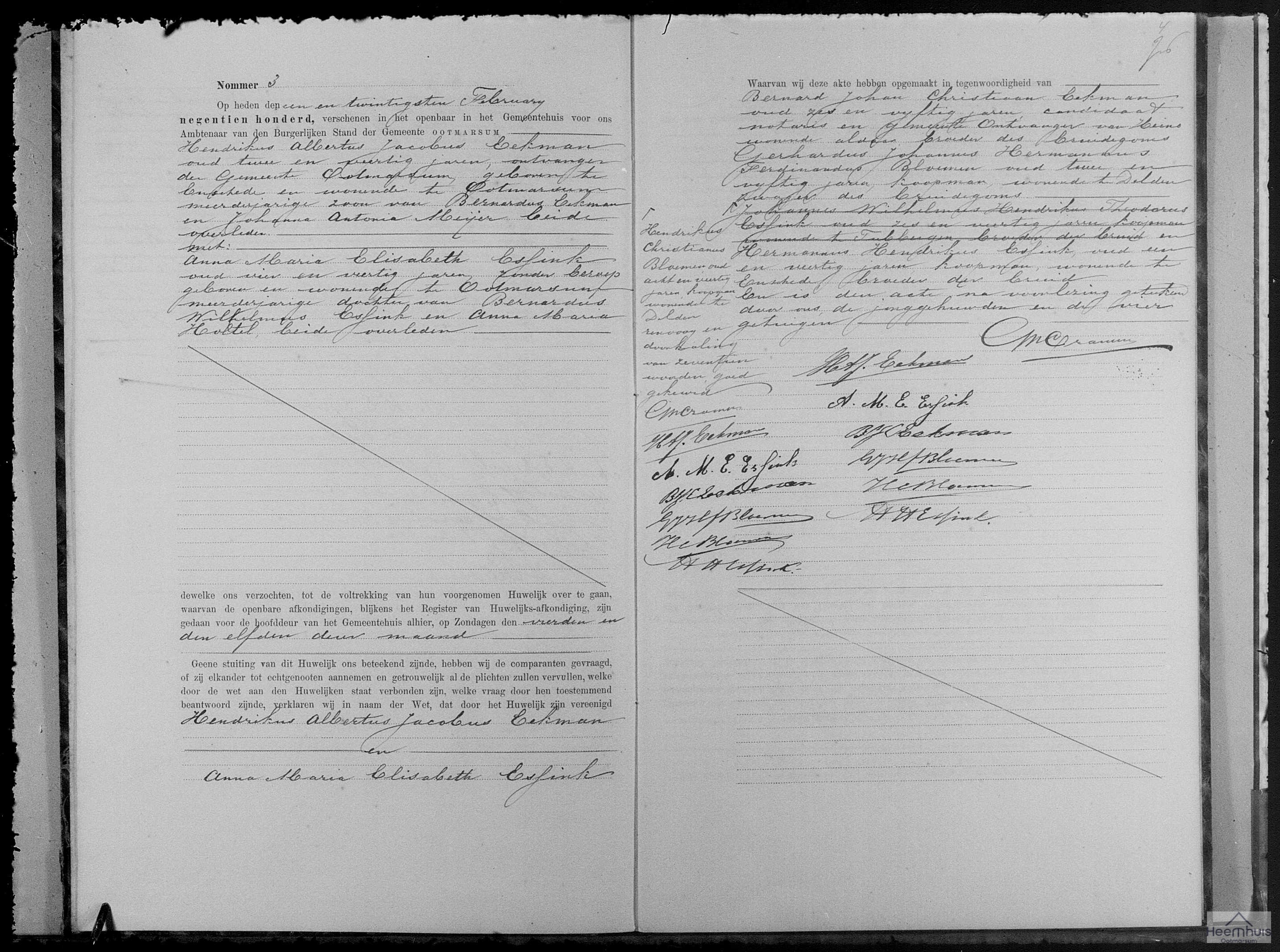 Huwelijksakte van Hendrikus Albertus Jacobus Eekman en Anna Maria Elisabeth Essink
