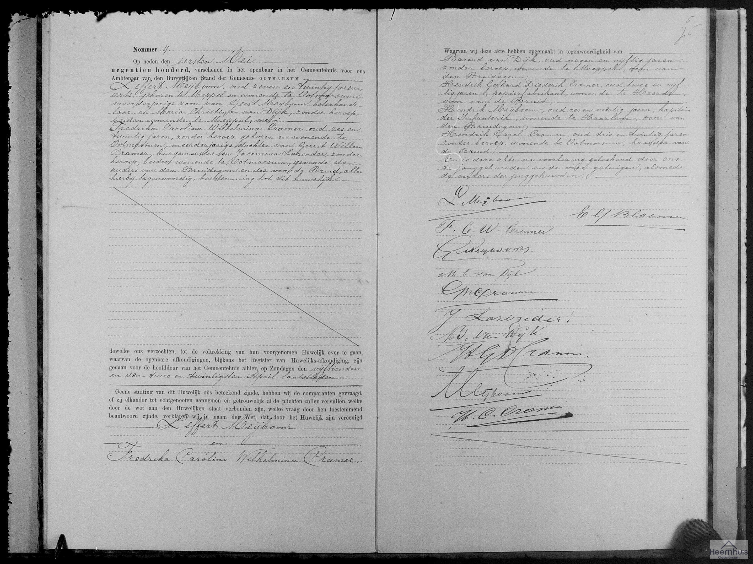 Huwelijksakte van Leffert Meijboom en Fredrika Carolina Wilhelmina Cramer