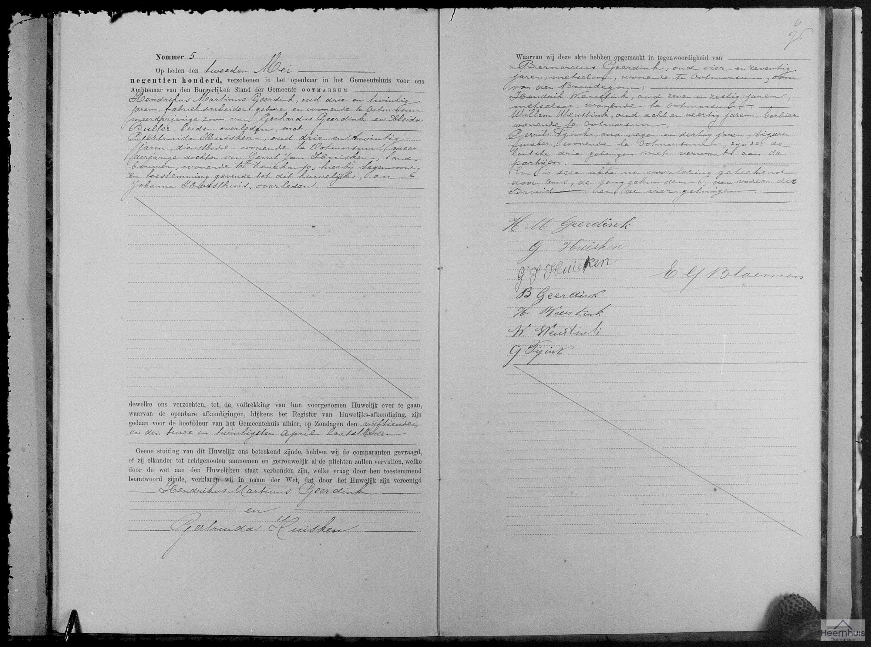 Huwelijksakte van Hendrikus Martinus Geerdink en Gertruida Huisken