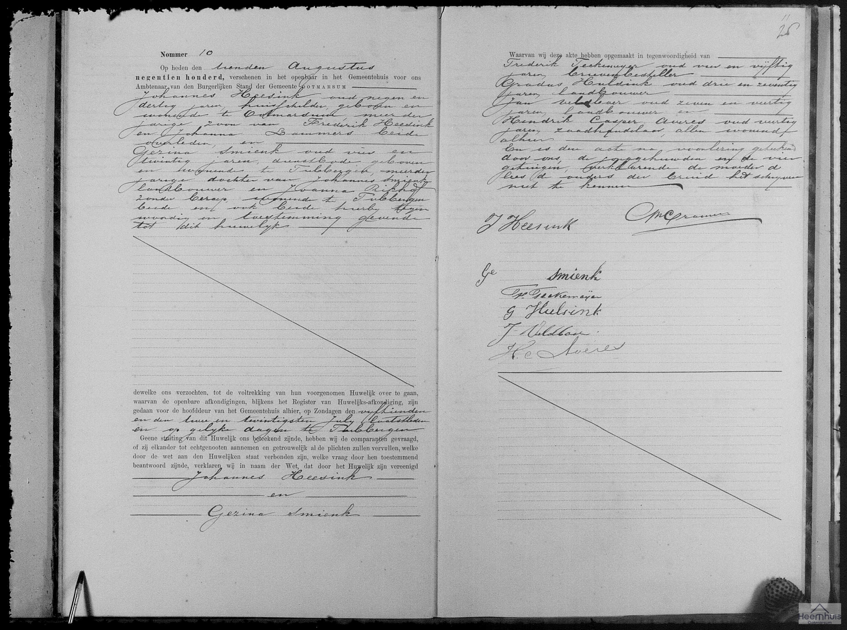 Huwelijksakte van Johannes Heesink en Gezina Smienk Huwelijksakte van Johannes Heesink en Gezina Smienk