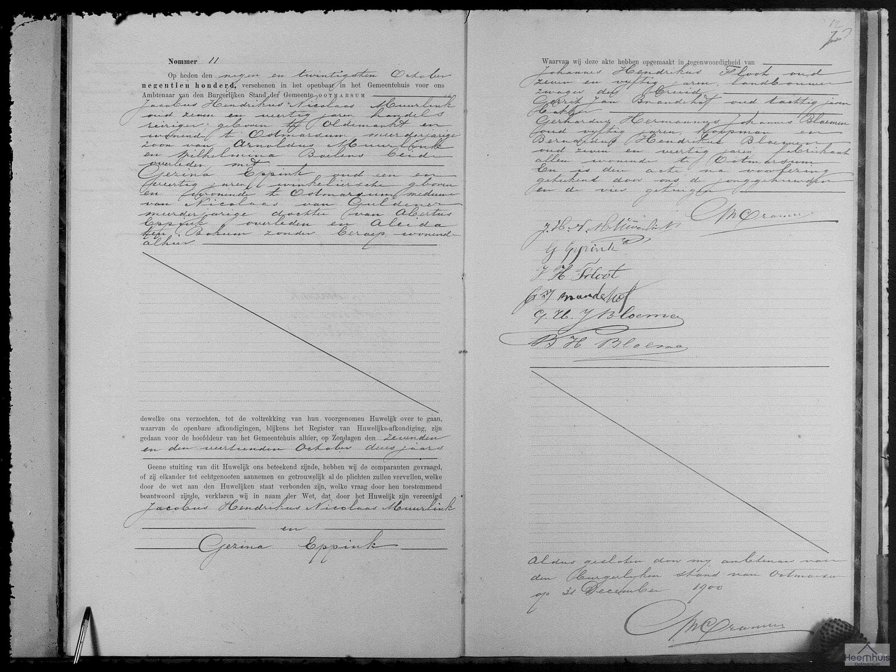 Huwelijksakte van Jacobus Hendrikus Nicolaas Muurlink en Gezina Eppink