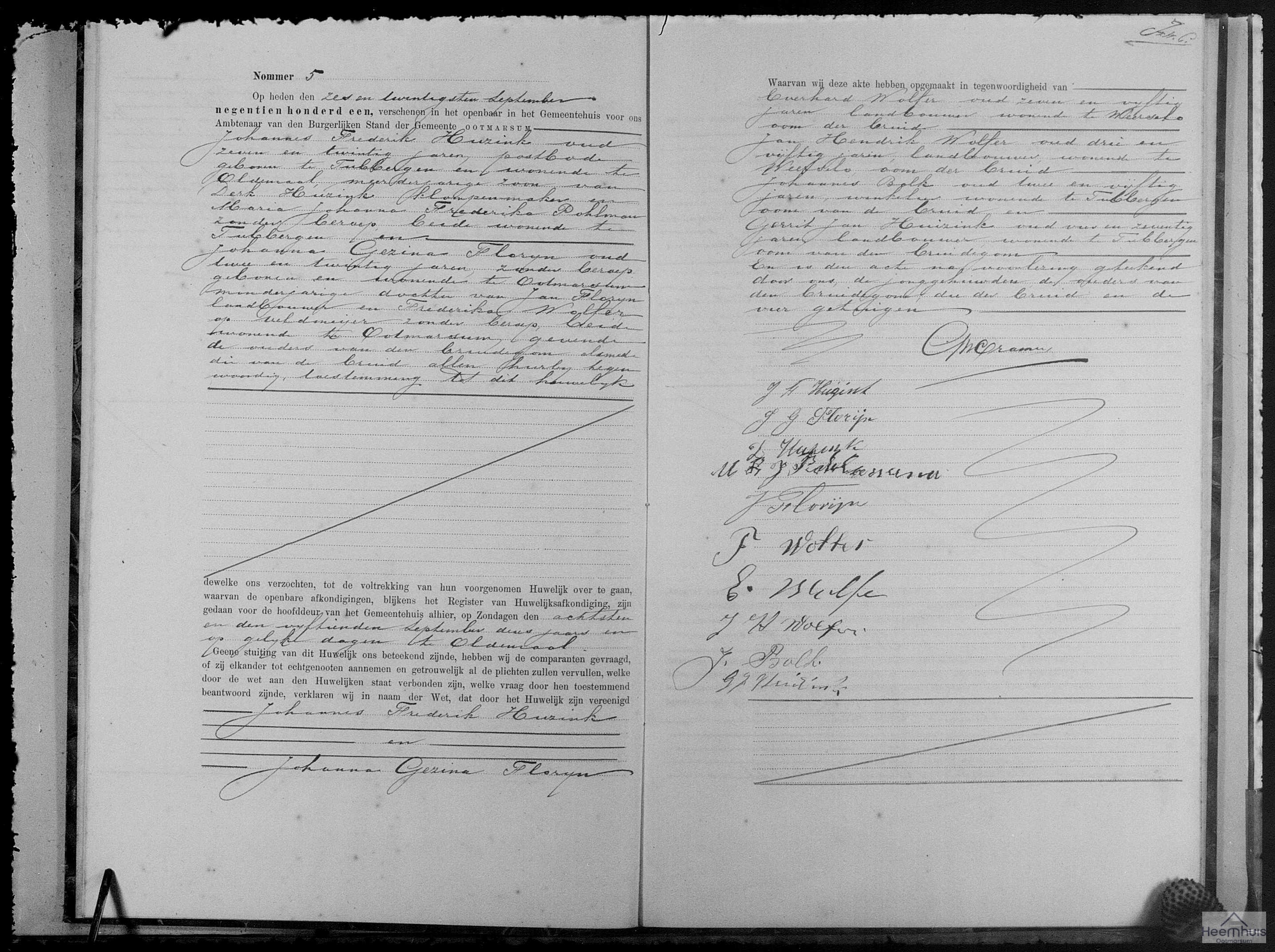 Huwelijksakte van Johannes Frederik Huzink en Johanna Gezina Florijn