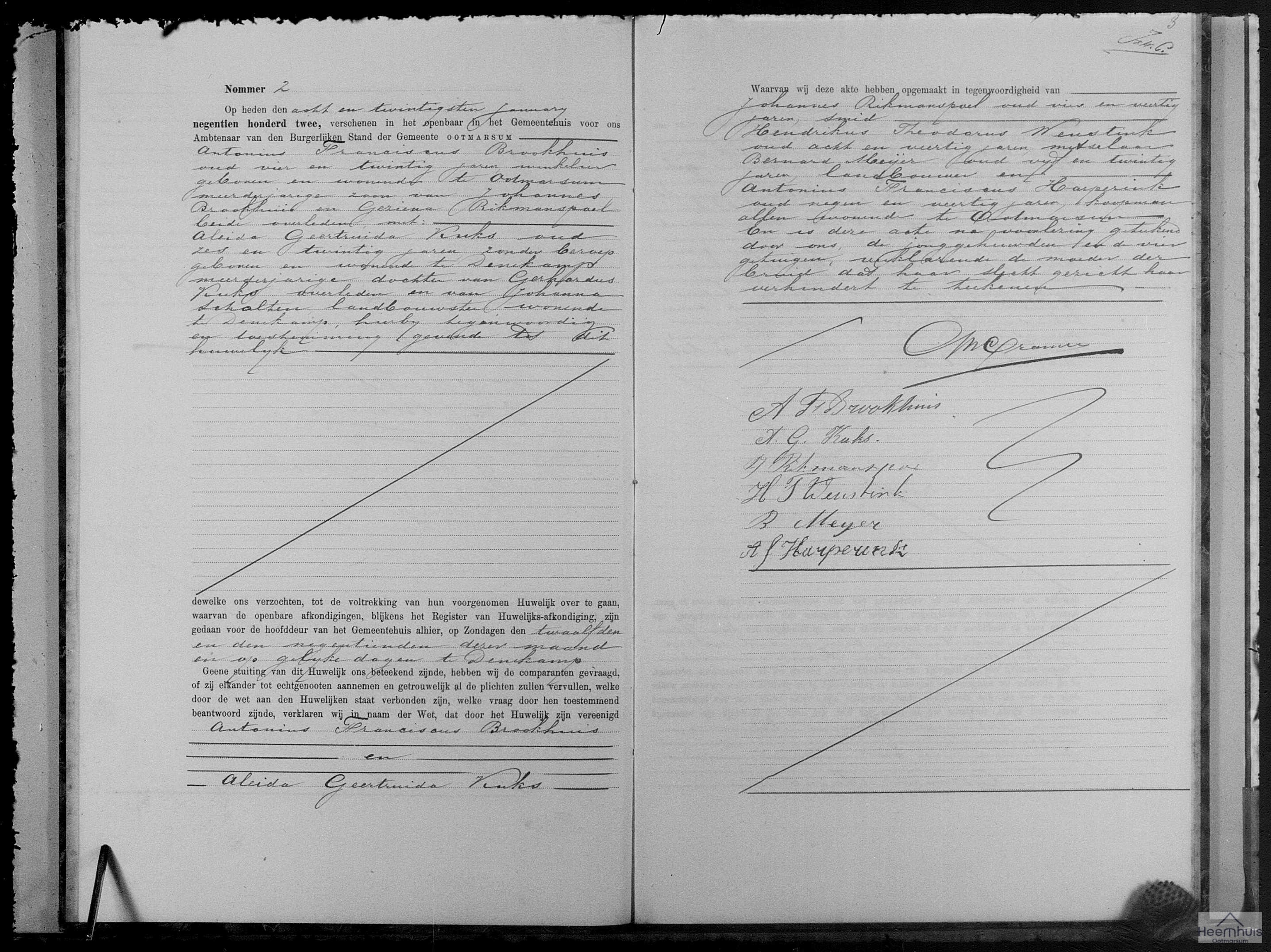 Huwelijksakte van Antonius Franciscus Brookhuis en Aleida Geertruida Kuks Huwelijksakte van Antonius Franciscus Brookhuis en Aleida Geertruida Kuks