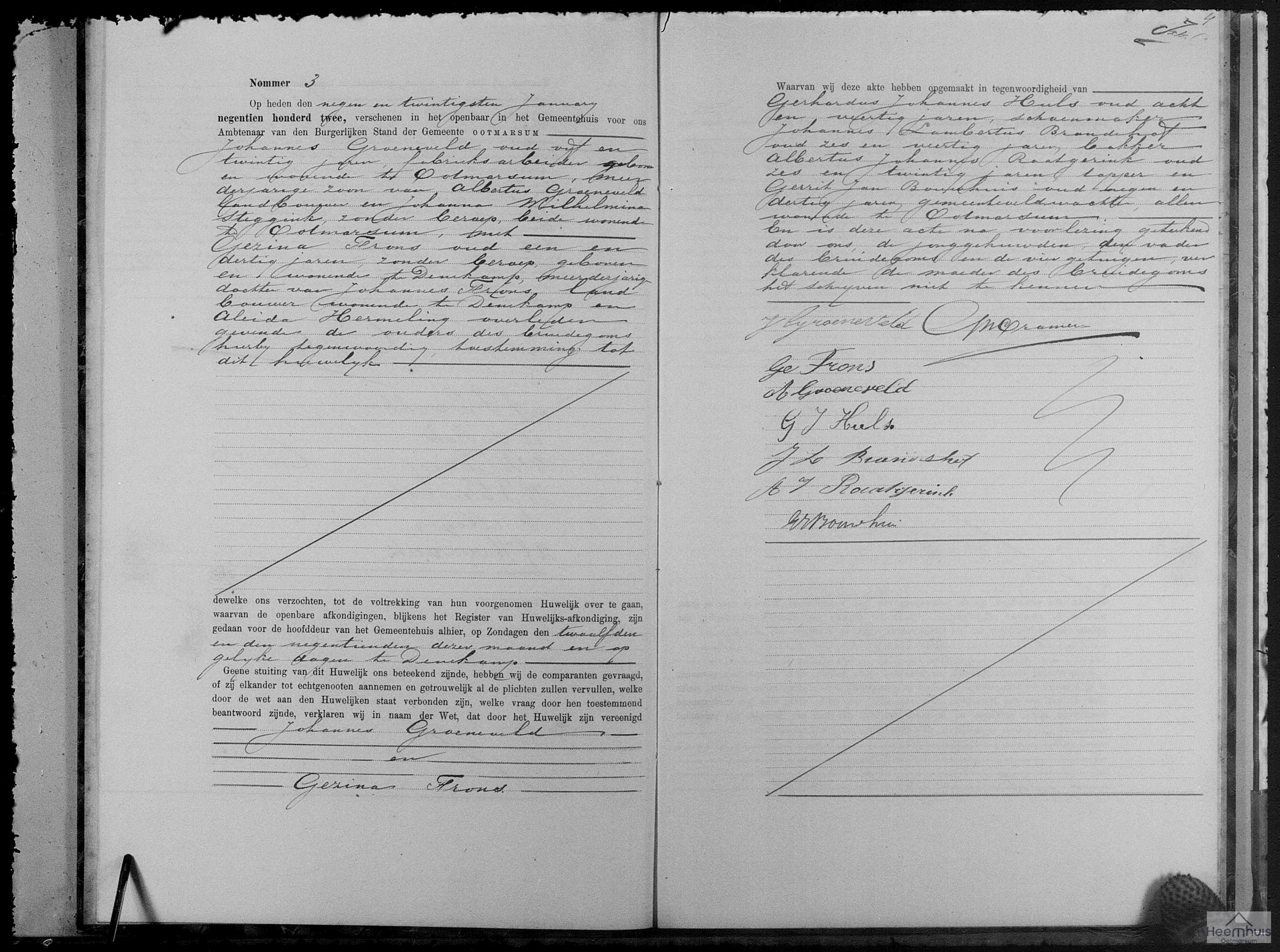 Huwelijksakte van Johannes Groeneveld en Gezina Frons