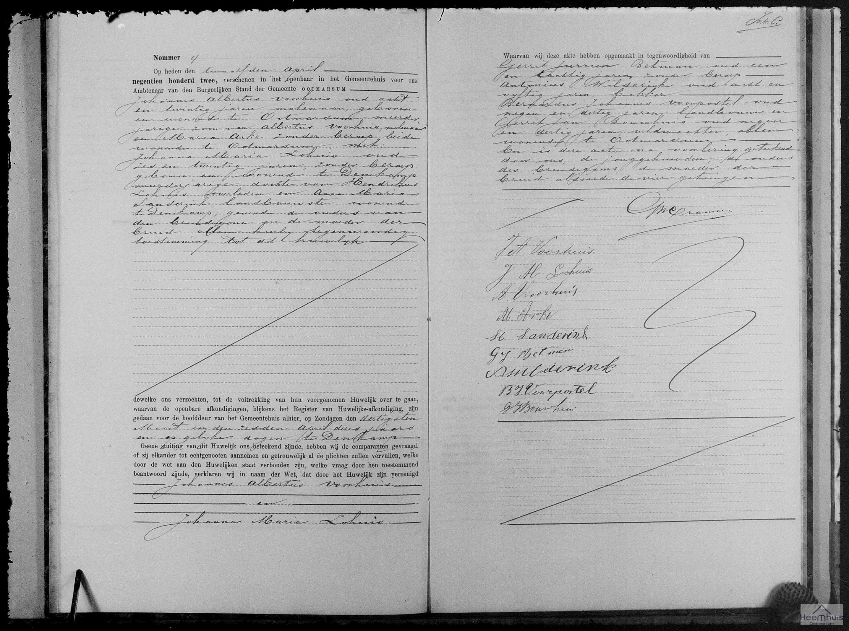 Huwelijksakte van Johannes Albertus Voorhuis en Johanna Maria Lohuis