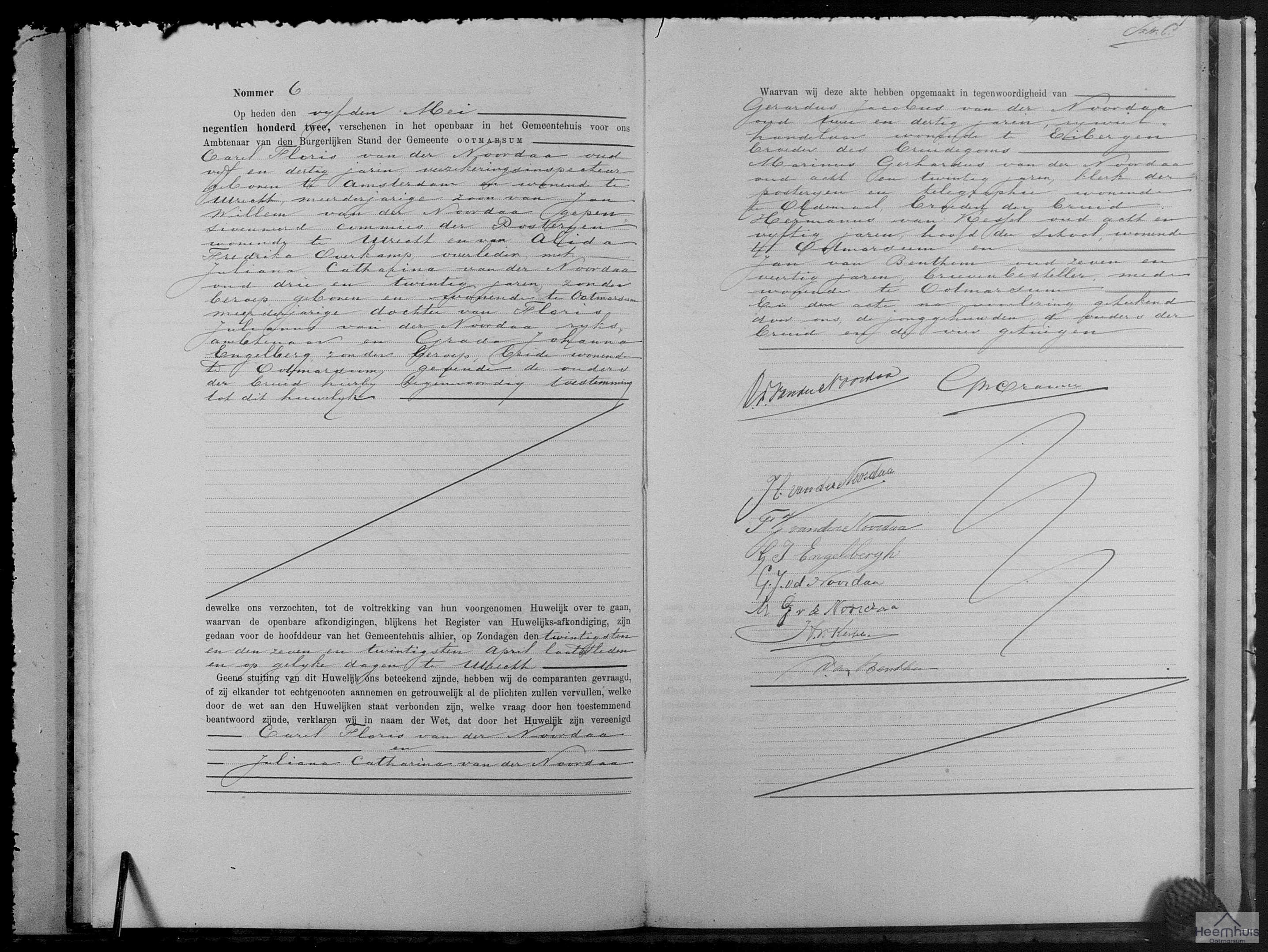 Huwelijksakte van Carel Floris van der Noordaa en Juliana Catharina van der Noordaa