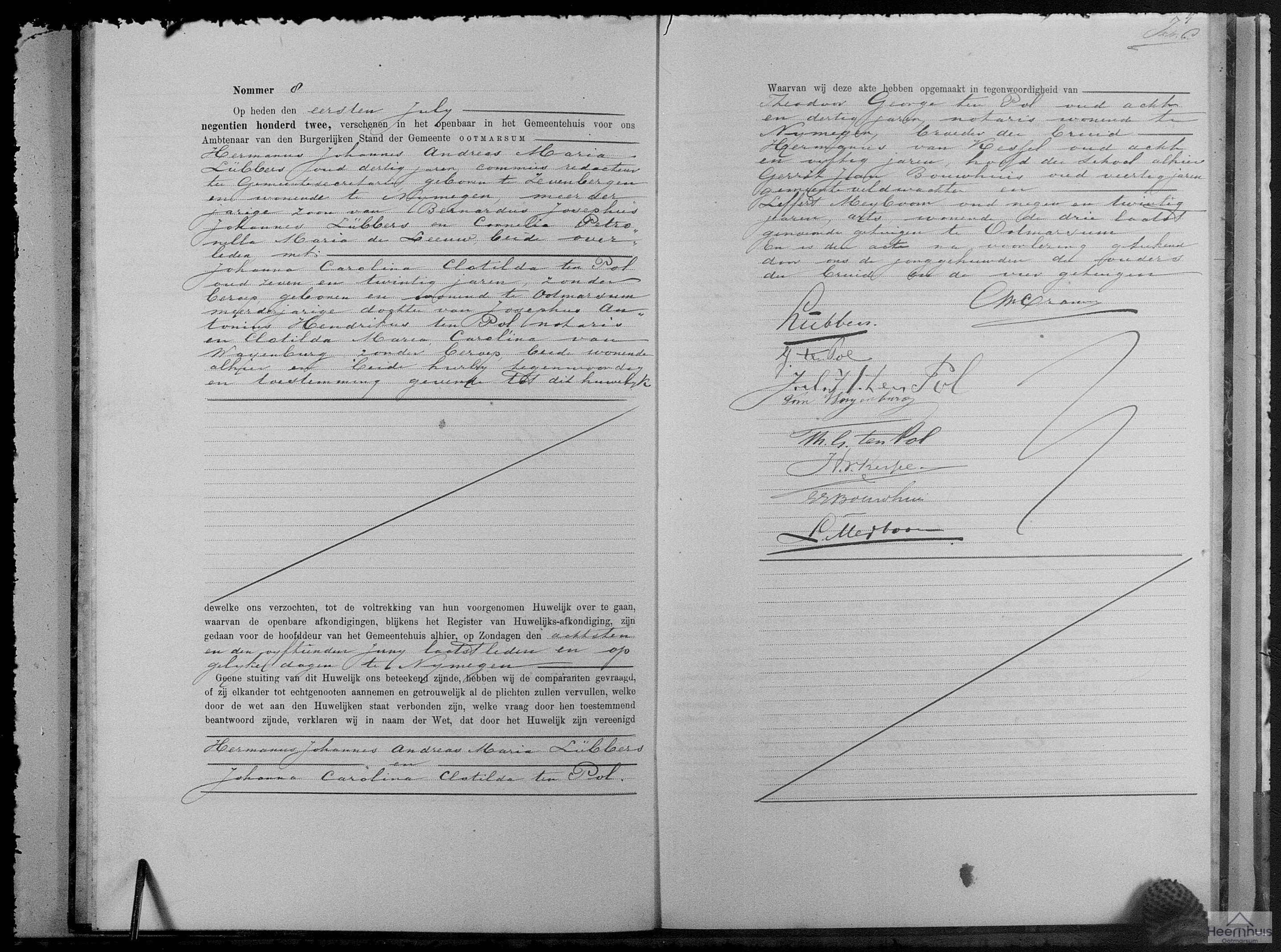 Huwelijksakte van Hermannus Johannes Andreas Maria Lübbers en Johanna Carolina Clotilda ten Pol