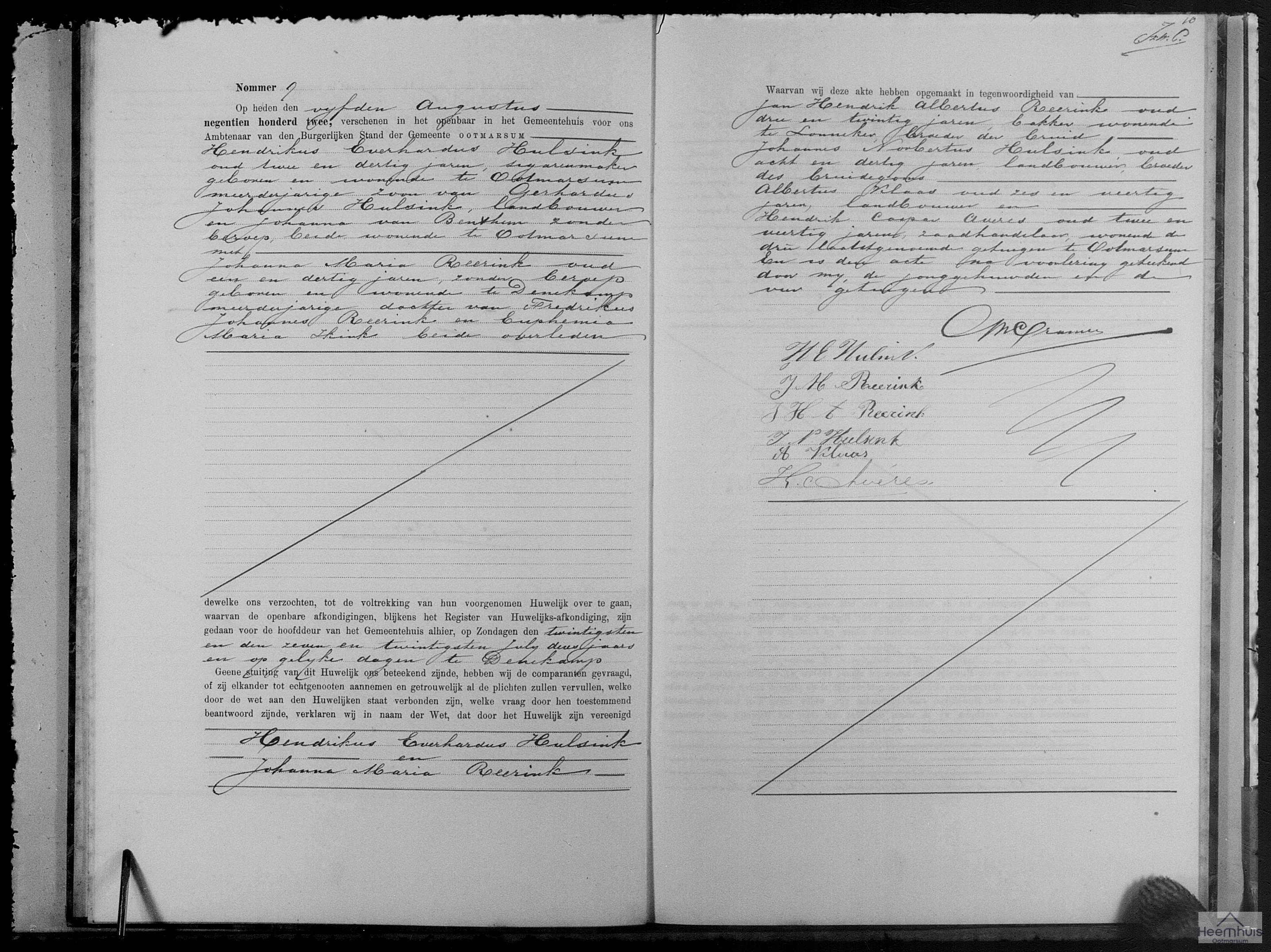 Huwelijksakte van Hendrikus Everhardus Hulsink en Johanna Maria Reerink Huwelijksakte van Hendrikus Everhardus Hulsink en Johanna Maria Reerink