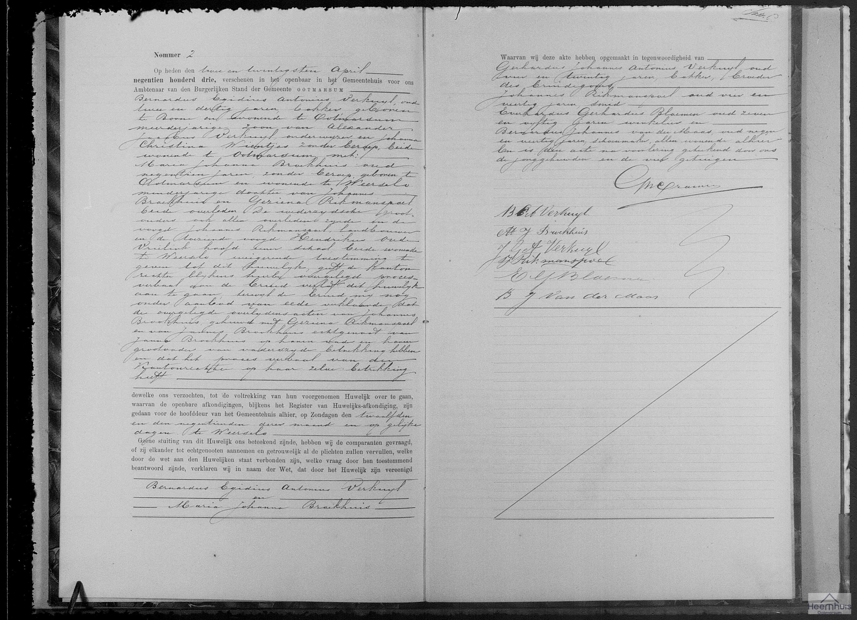 Huwelijksakte van Bernardus Egidius Antonius Verkuijl en Maria Johanna Broekhuis