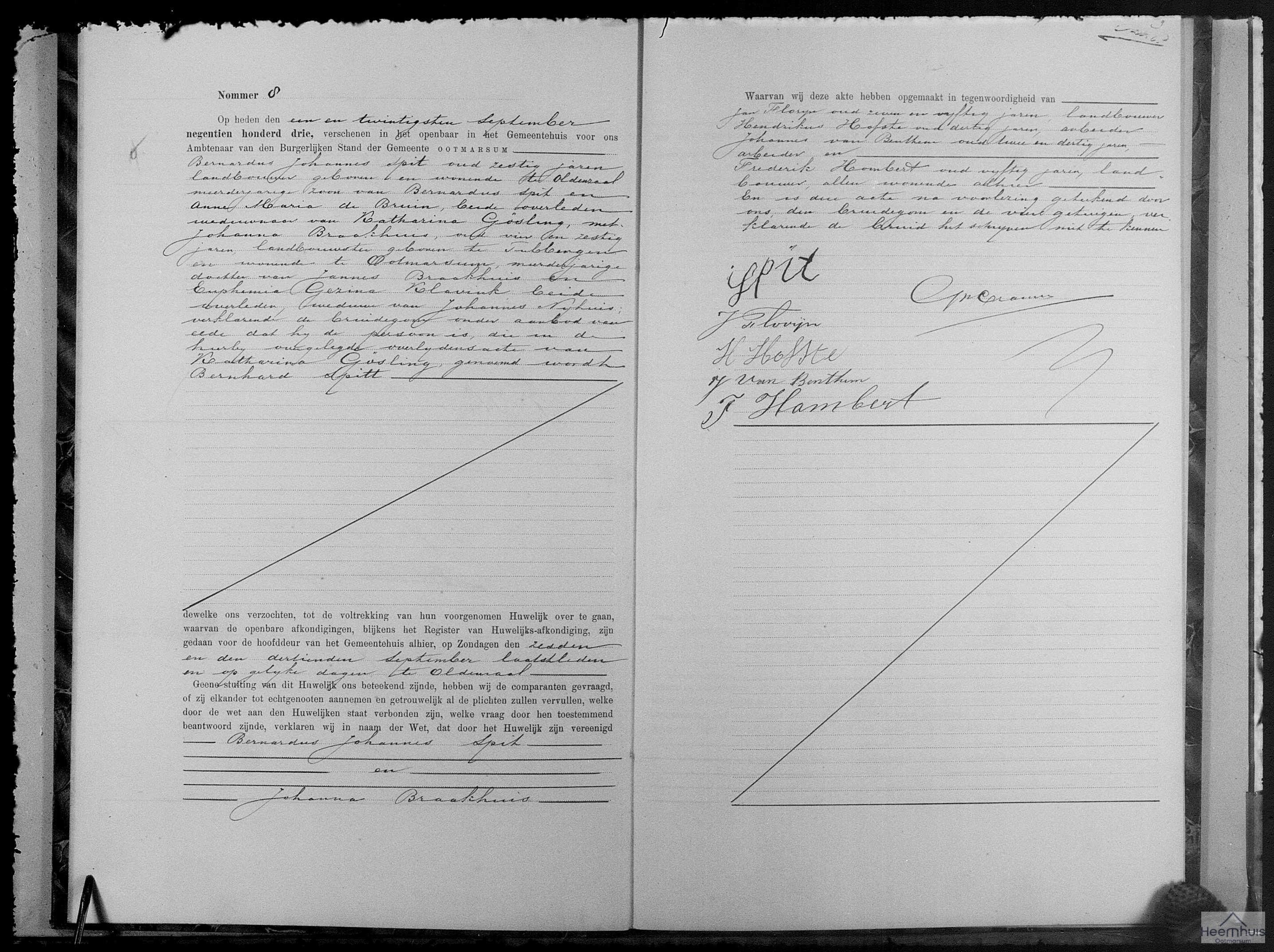 Huwelijksakte van Bernardus Johannes Spit en Johanna Braakhuis Huwelijksakte van Bernardus Johannes Spit en Johanna Braakhuis
