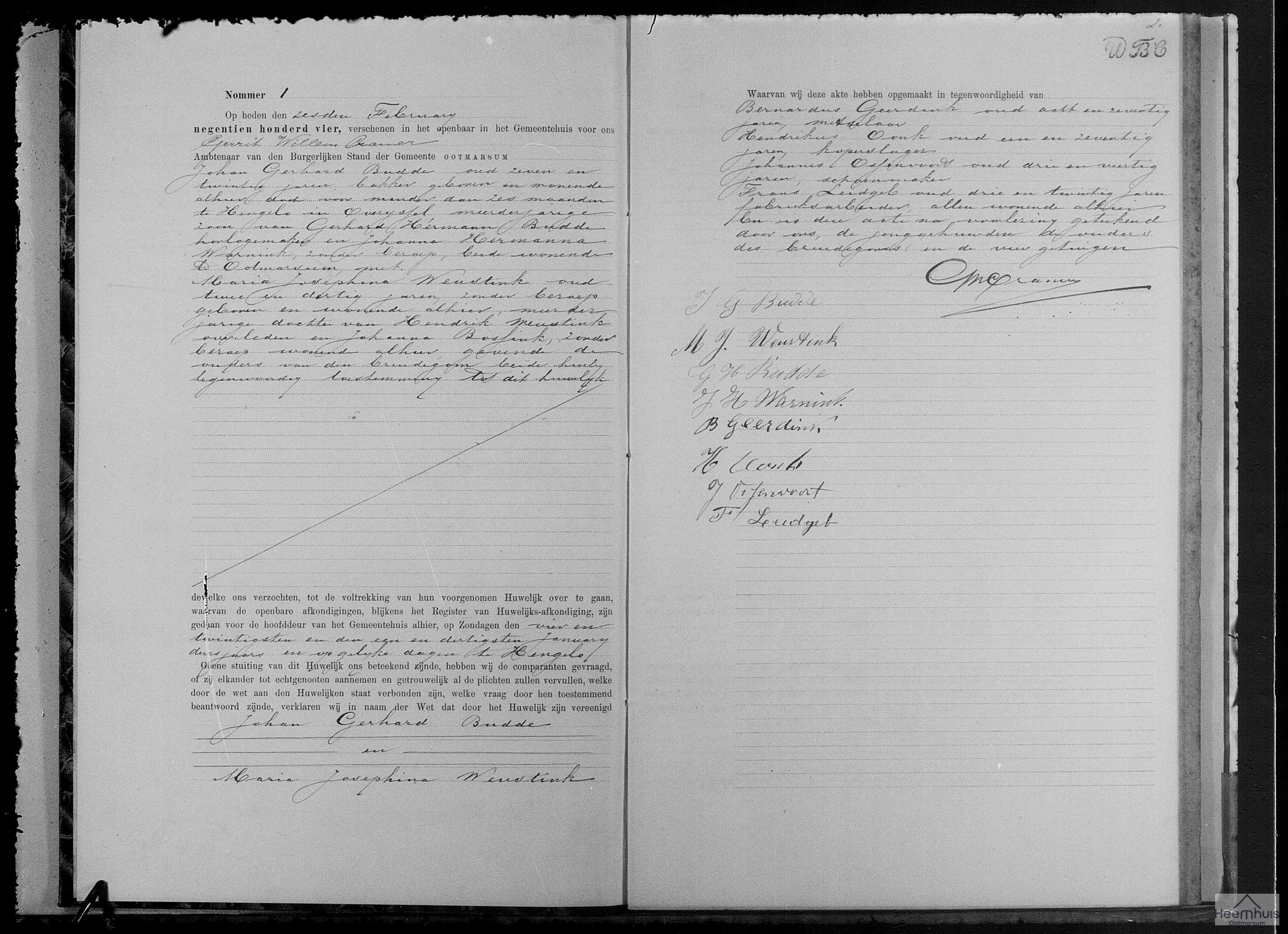 Huwelijksakte van Johan Gerhard Budde en Maria Josephina Weustink
