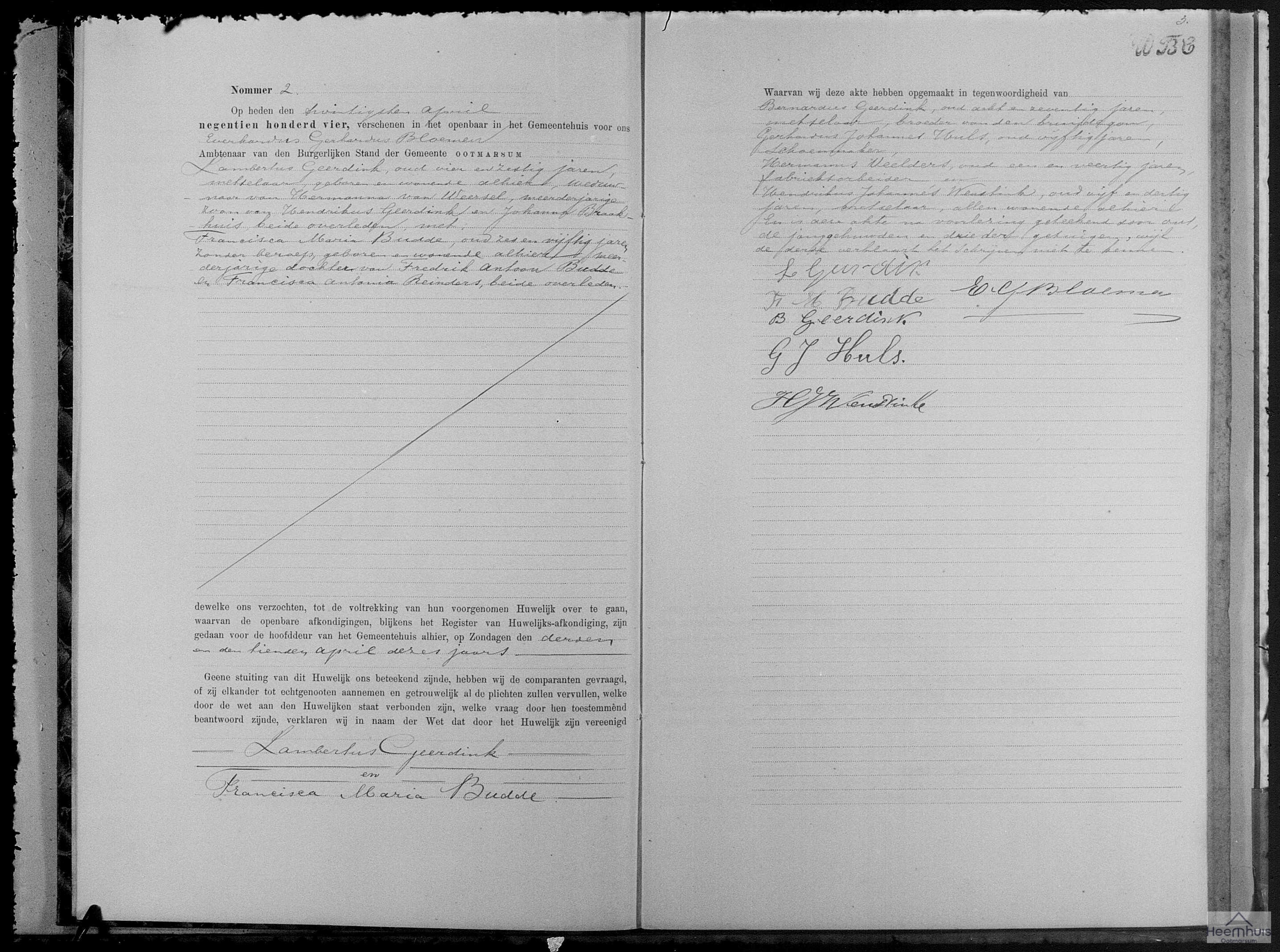 Huwelijksakte van Lambertus Geerdink en Francisca Maria Budde