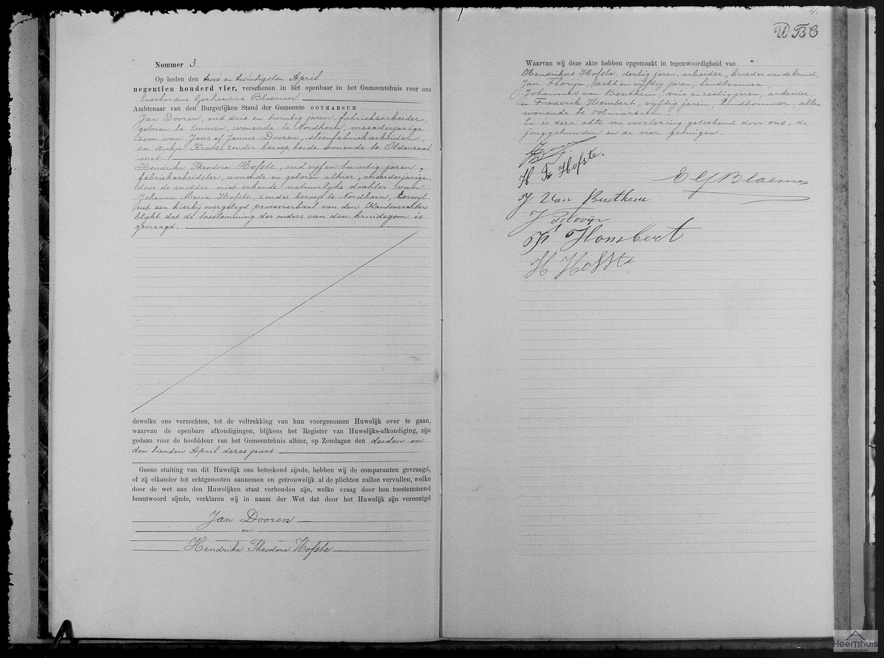 Huwelijksakte van Jan Dooren en Hendrika Theodora Hofste