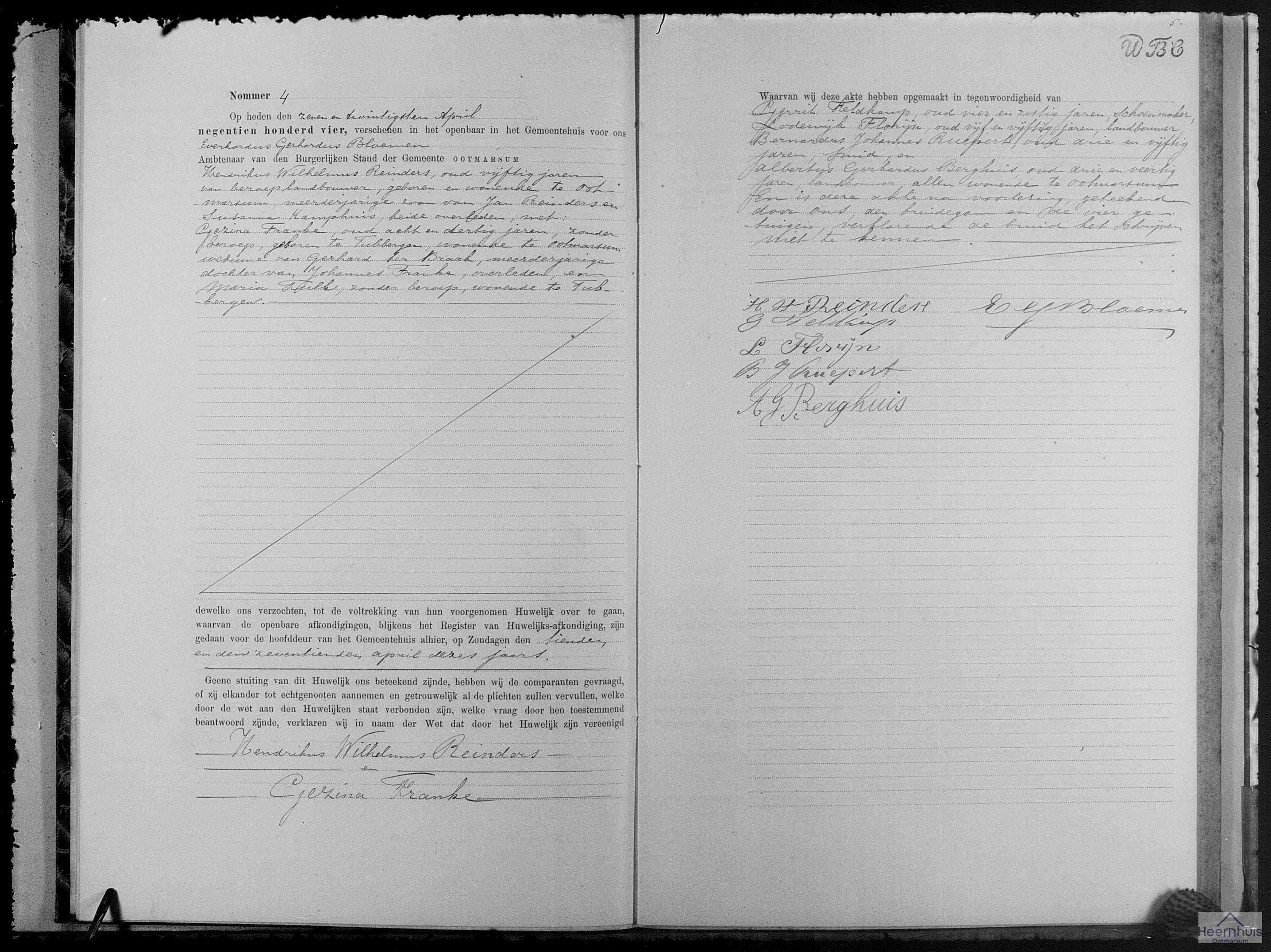 Huwelijksakte van Hendrikus Wilhelmus Reinders en Gezina Franke Huwelijksakte van Hendrikus Wilhelmus Reinders en Gezina Franke