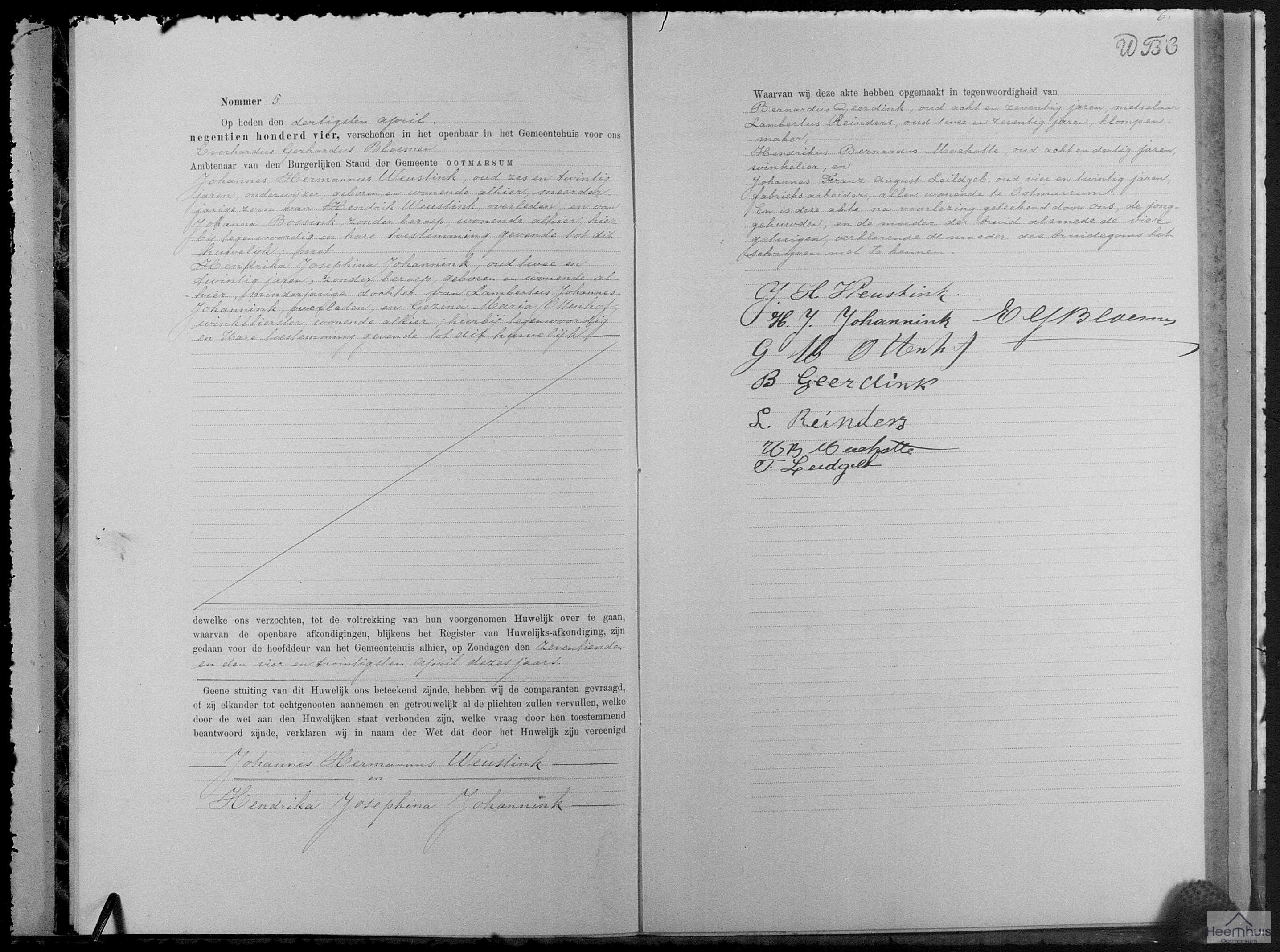 Huwelijksakte van Johannes Hermannus Weustink en Hendrika Josephina Johannink