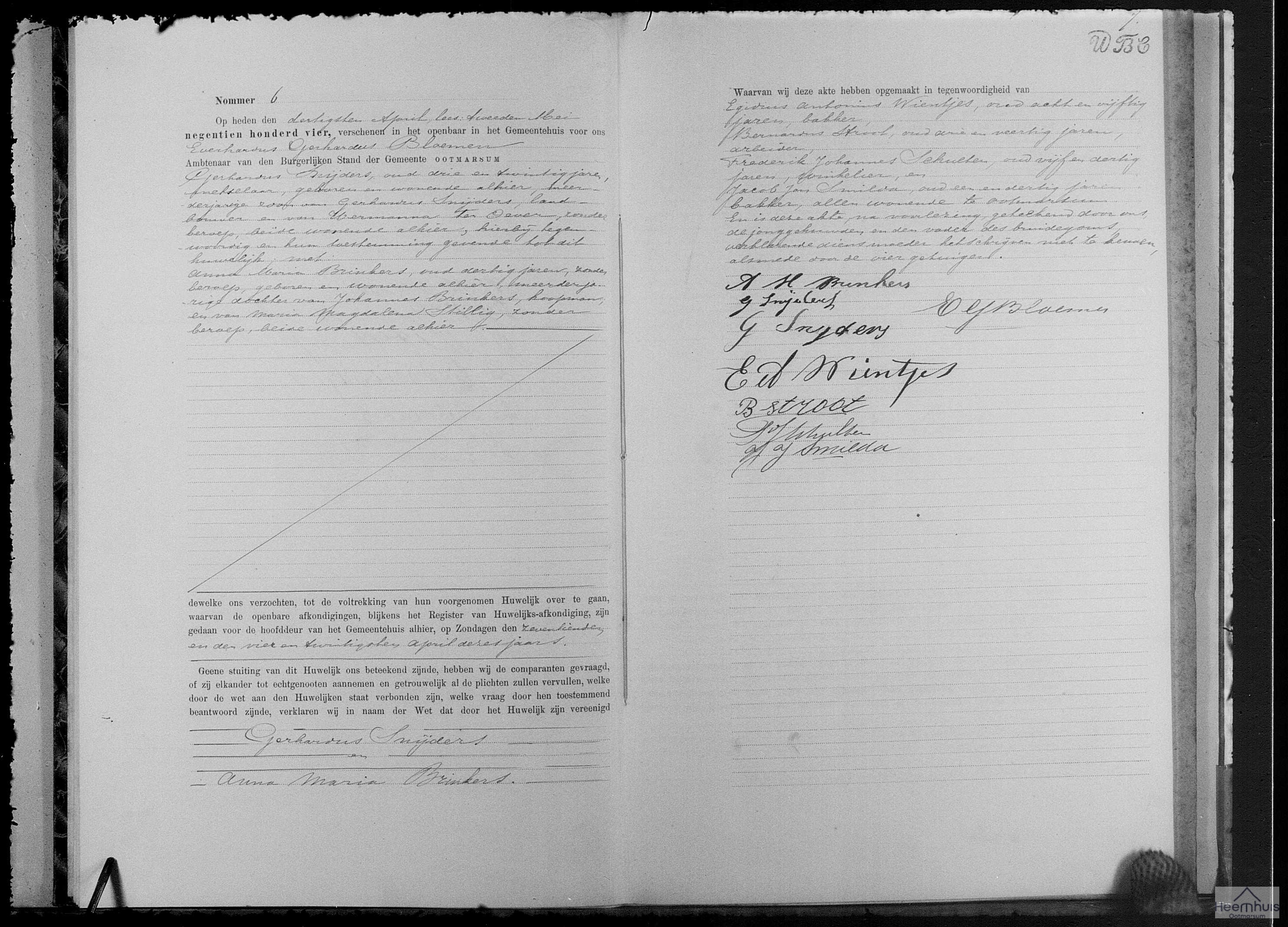 Huwelijksakte van Gerhardus Snijders en Anna Maria Brinkers