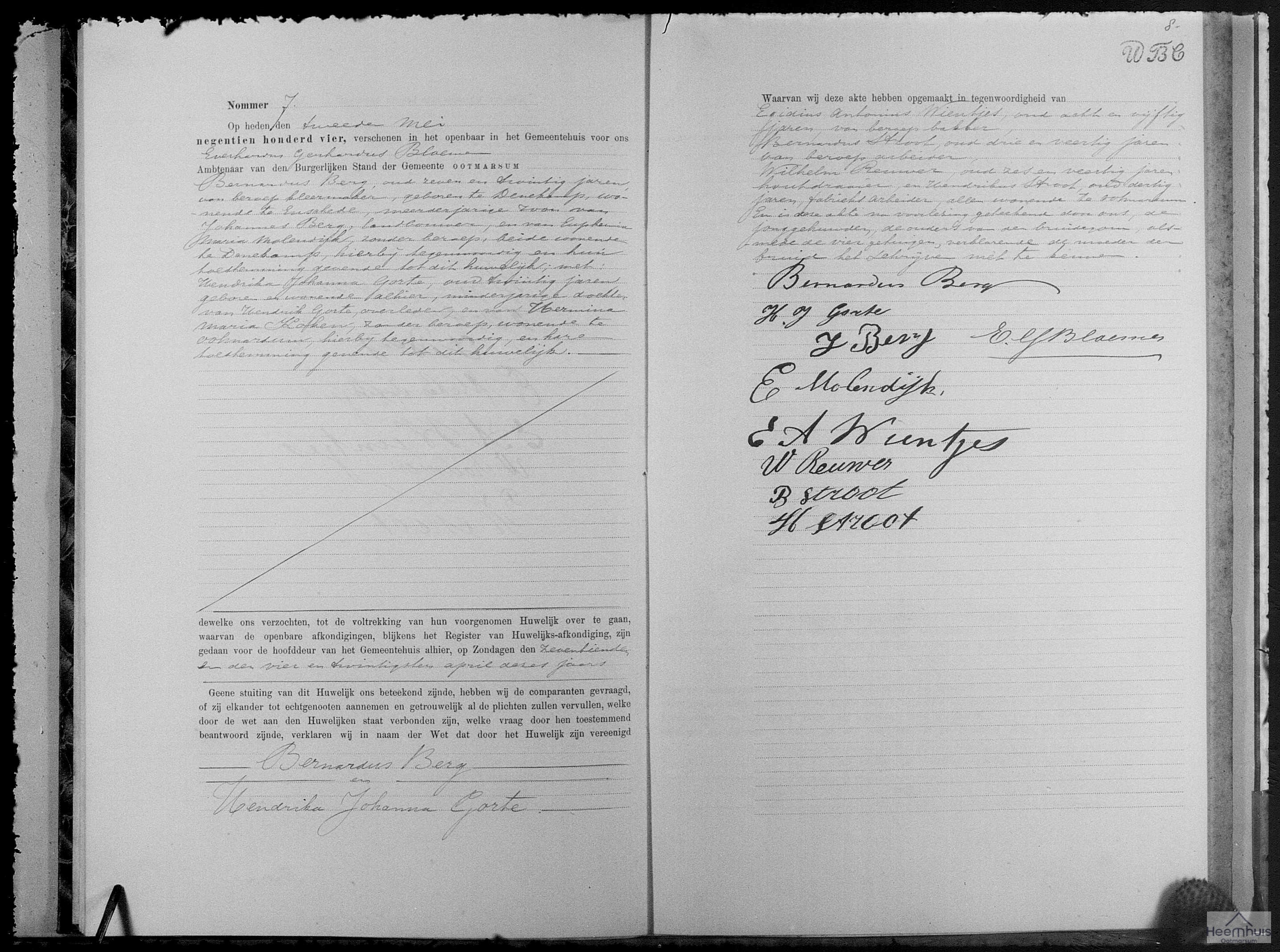 Huwelijksakte van Bernardus Berg en Hendrika Johanna Gorte Huwelijksakte van Bernardus Berg en Hendrika Johanna Gorte