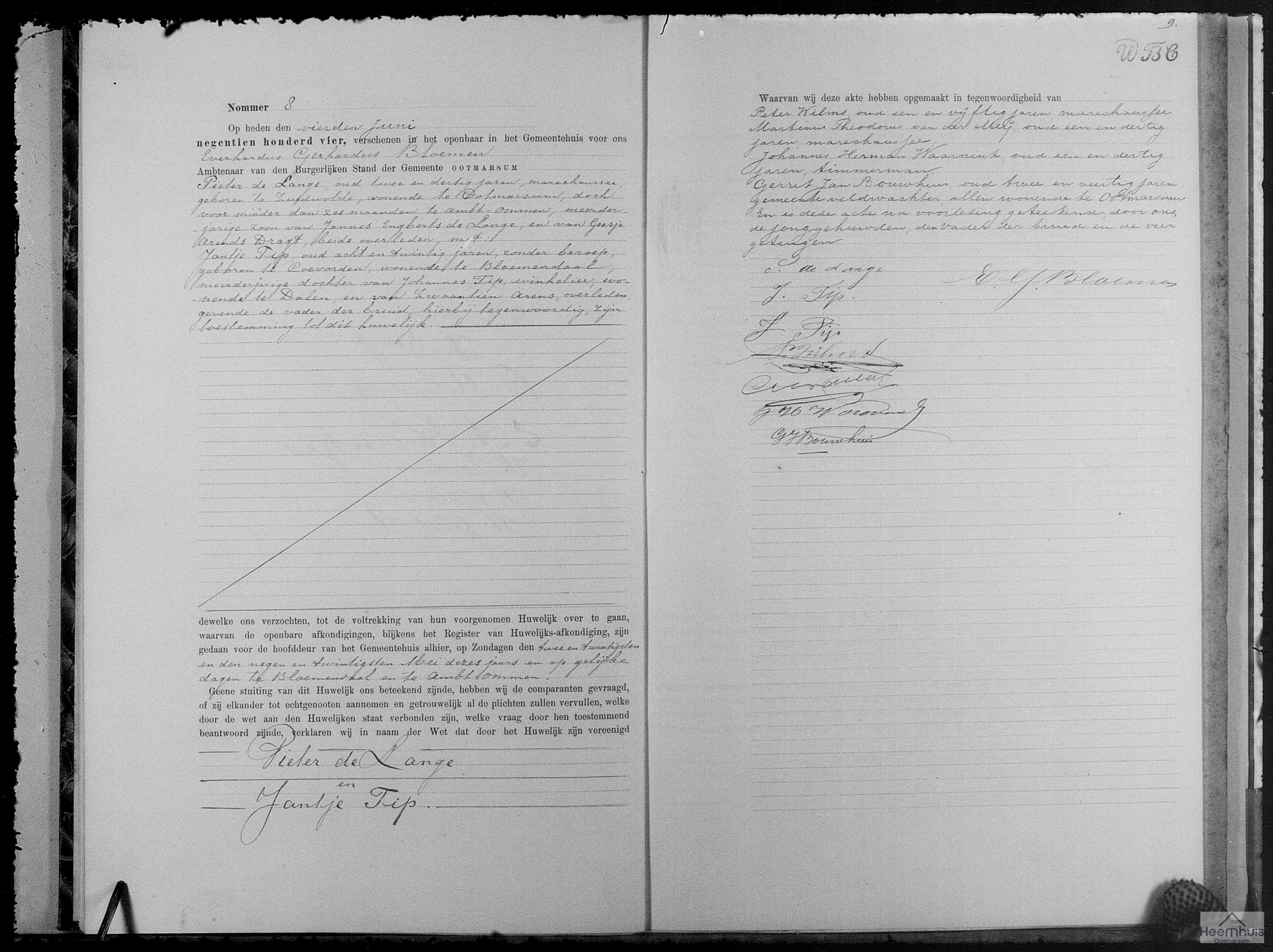 Huwelijksakte van Pieter de Lange en Jantje Tip