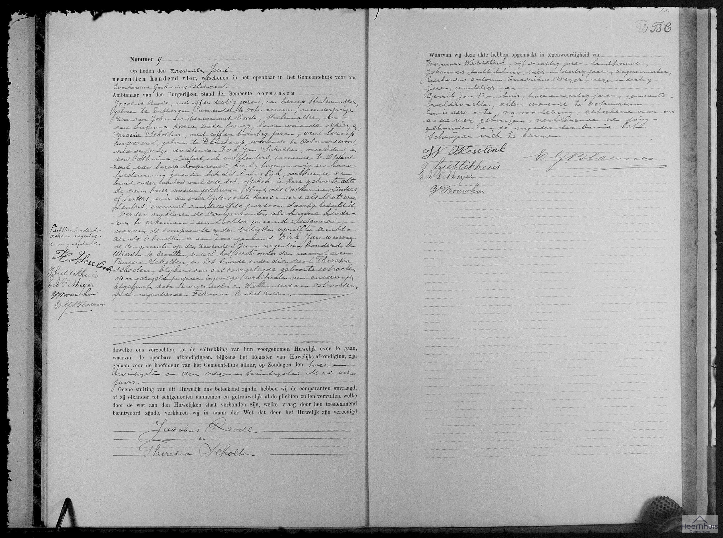 Huwelijksakte van Jacobus Roode en Teresia Scholten