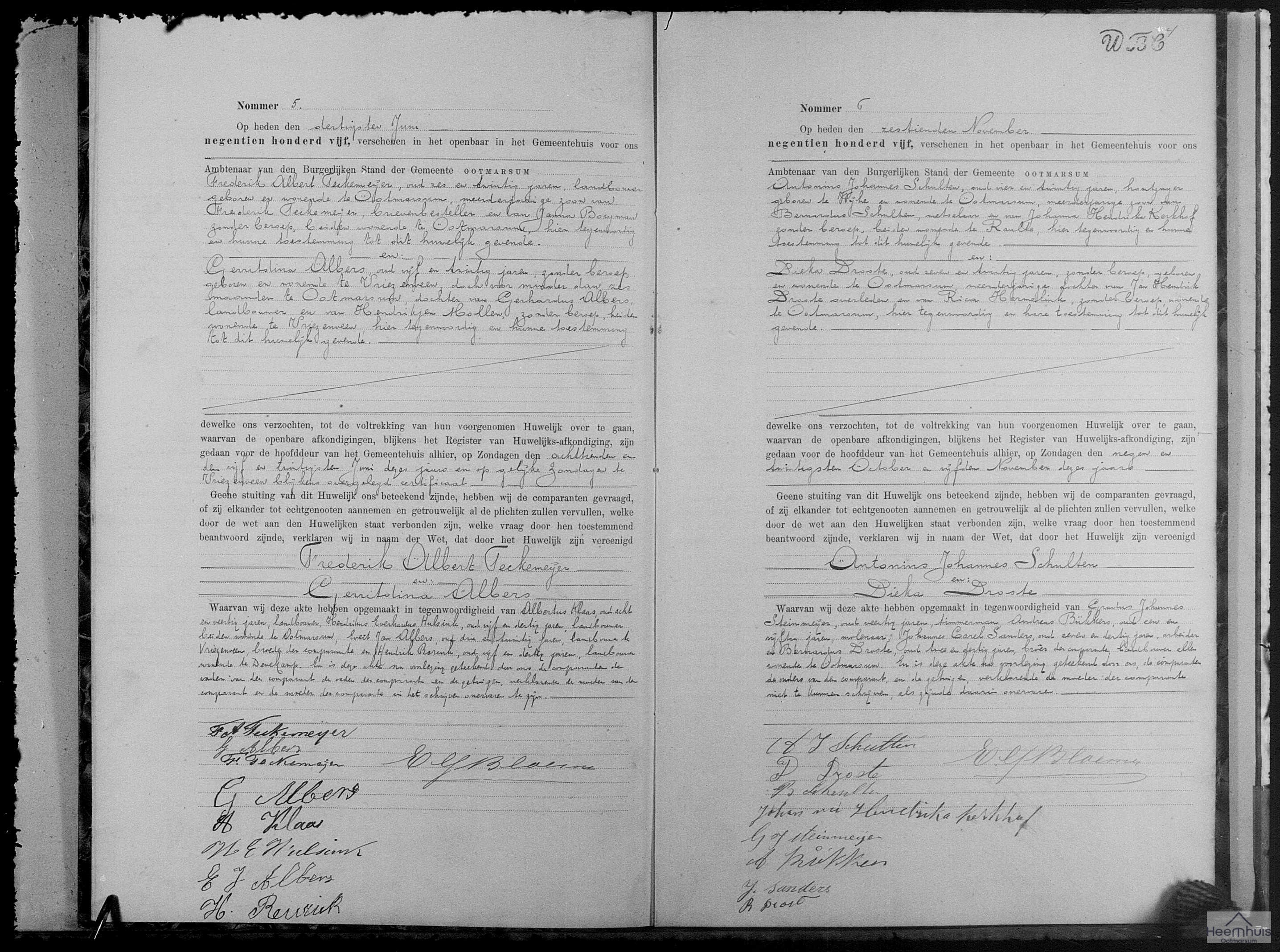 Huwelijksakte van Frederik Albert Teckemeijer en Gerritdina Albers