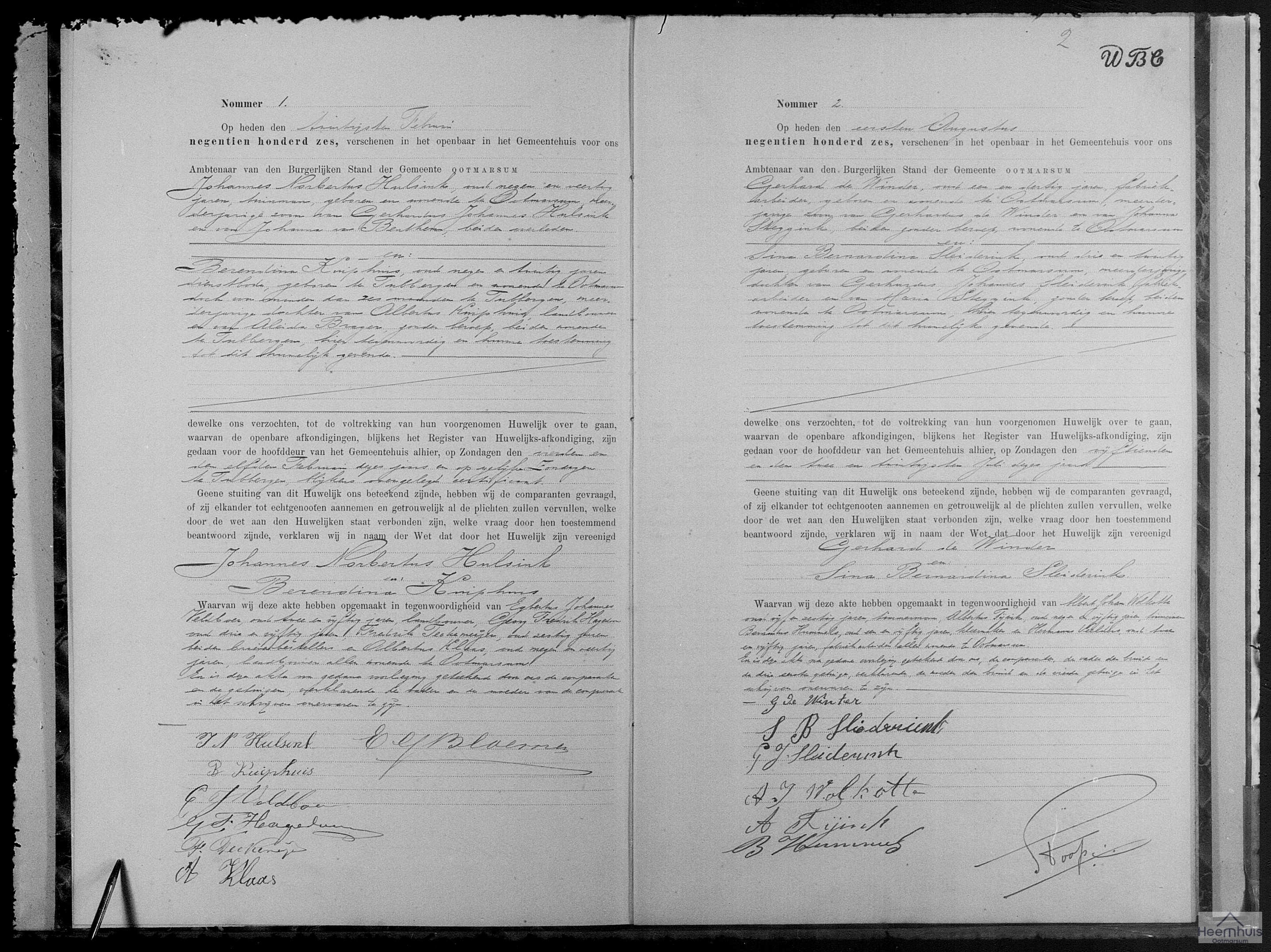 Huwelijksakte van Gerhard de Winder en Sina Bernardina Sleiderink Huwelijksakte van Gerhard de Winder en Sina Bernardina Sleiderink