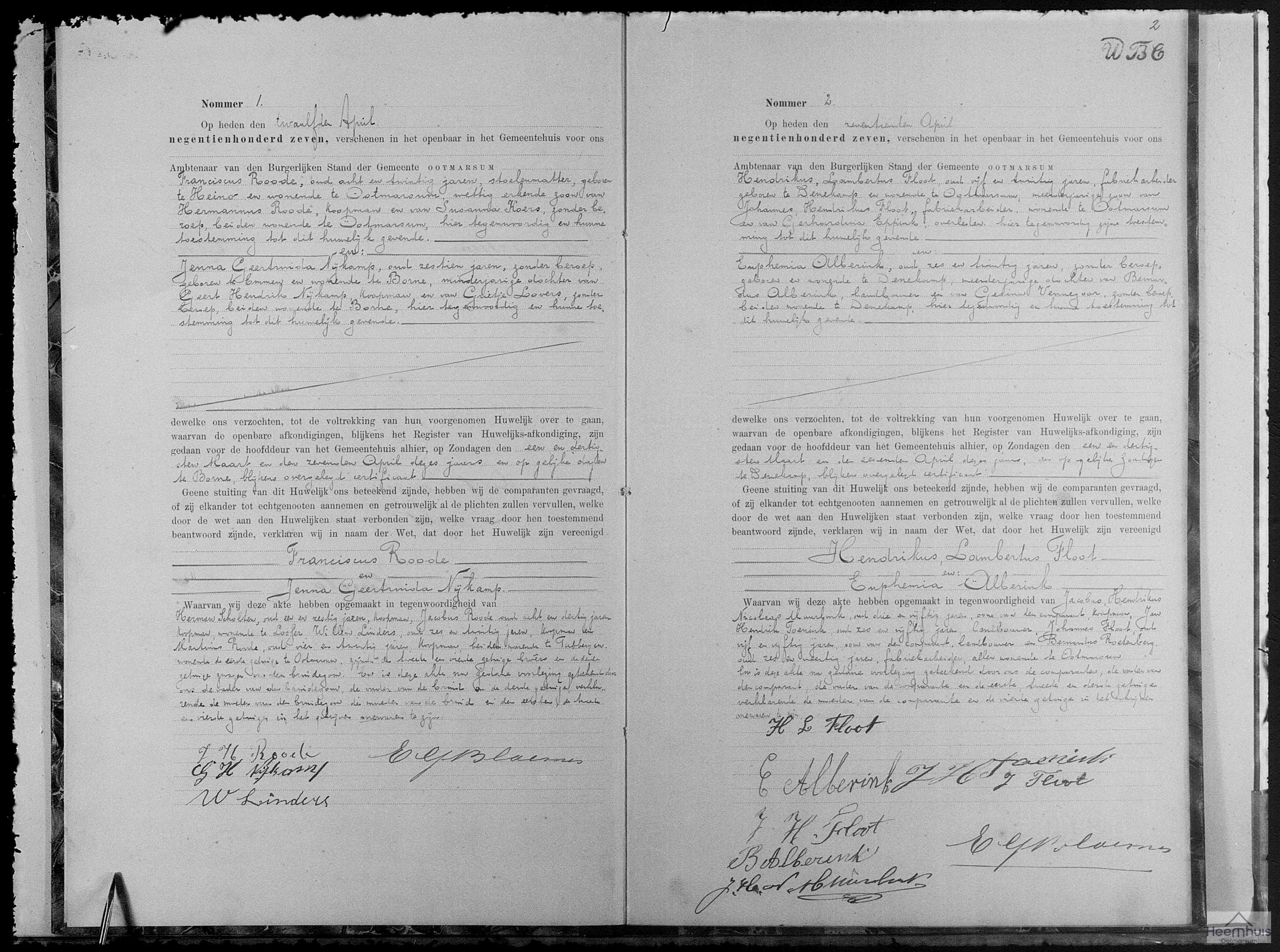 Huwelijksakte van Hendrikus Lambertus Floot en Euphemia Alberink