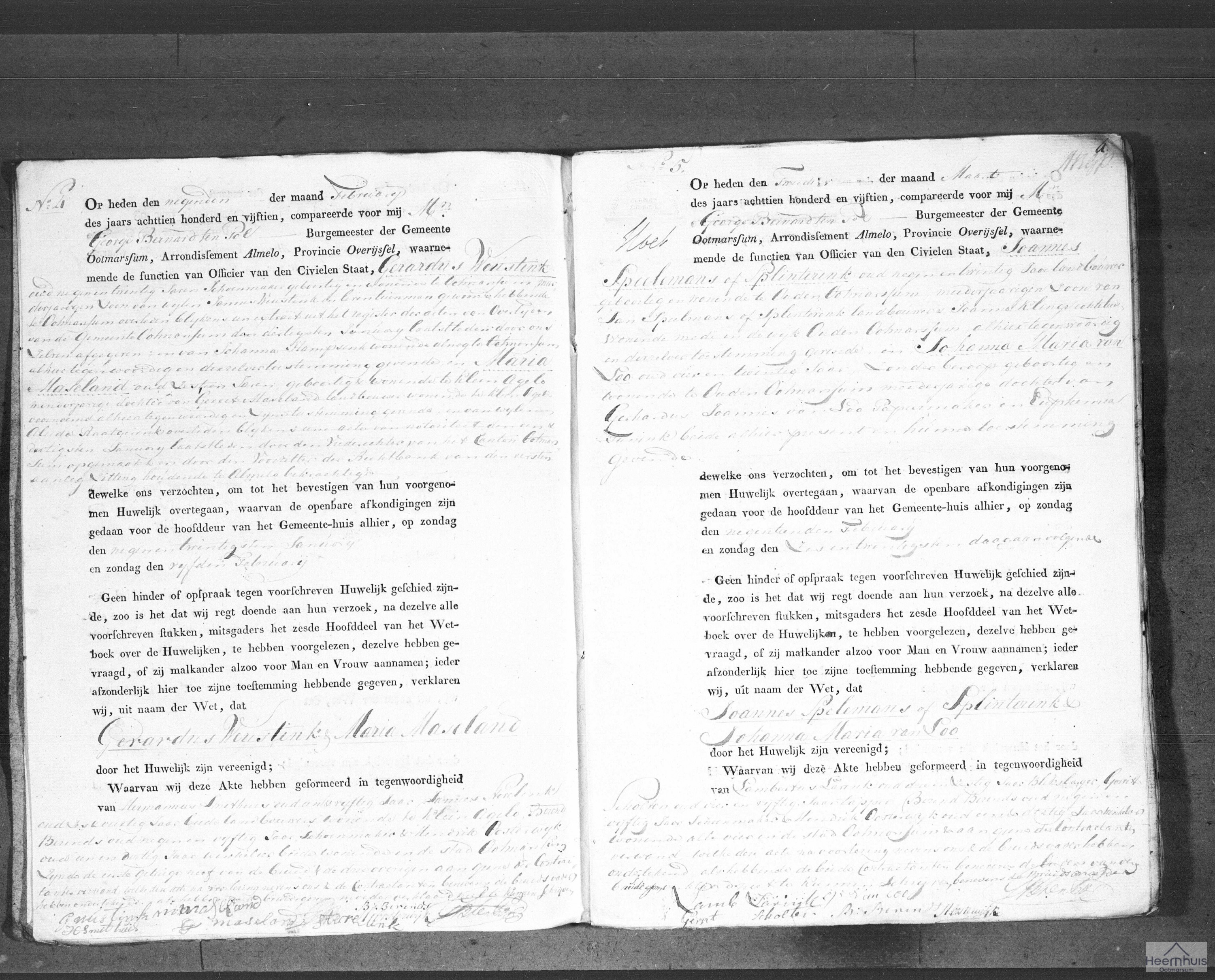 Huwelijksakte van Joannes Speelemans of Splinterink en Johanna Maria van Loo