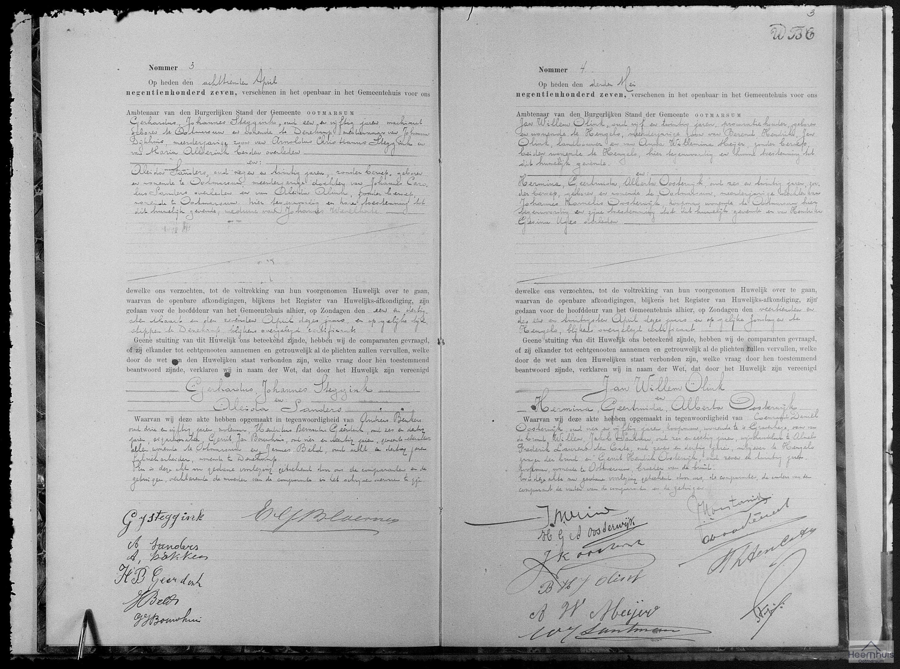 Huwelijksakte van Jan Willem Olink en Hermina Geertruida Alberta Oosterwijk