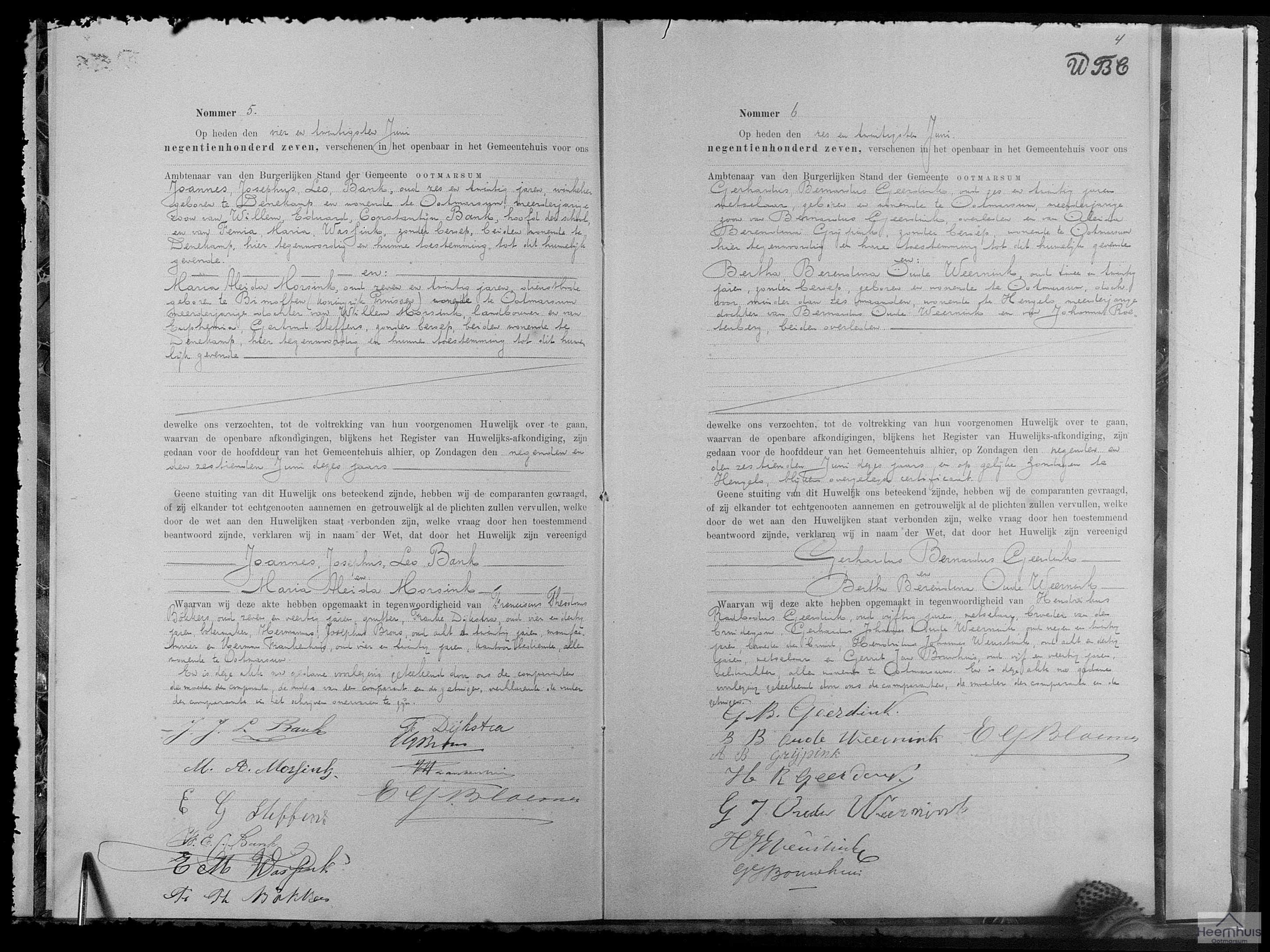 Huwelijksakte van Gerhardus Bernardus Geerdink en Bertha Berendina Oude Weernink