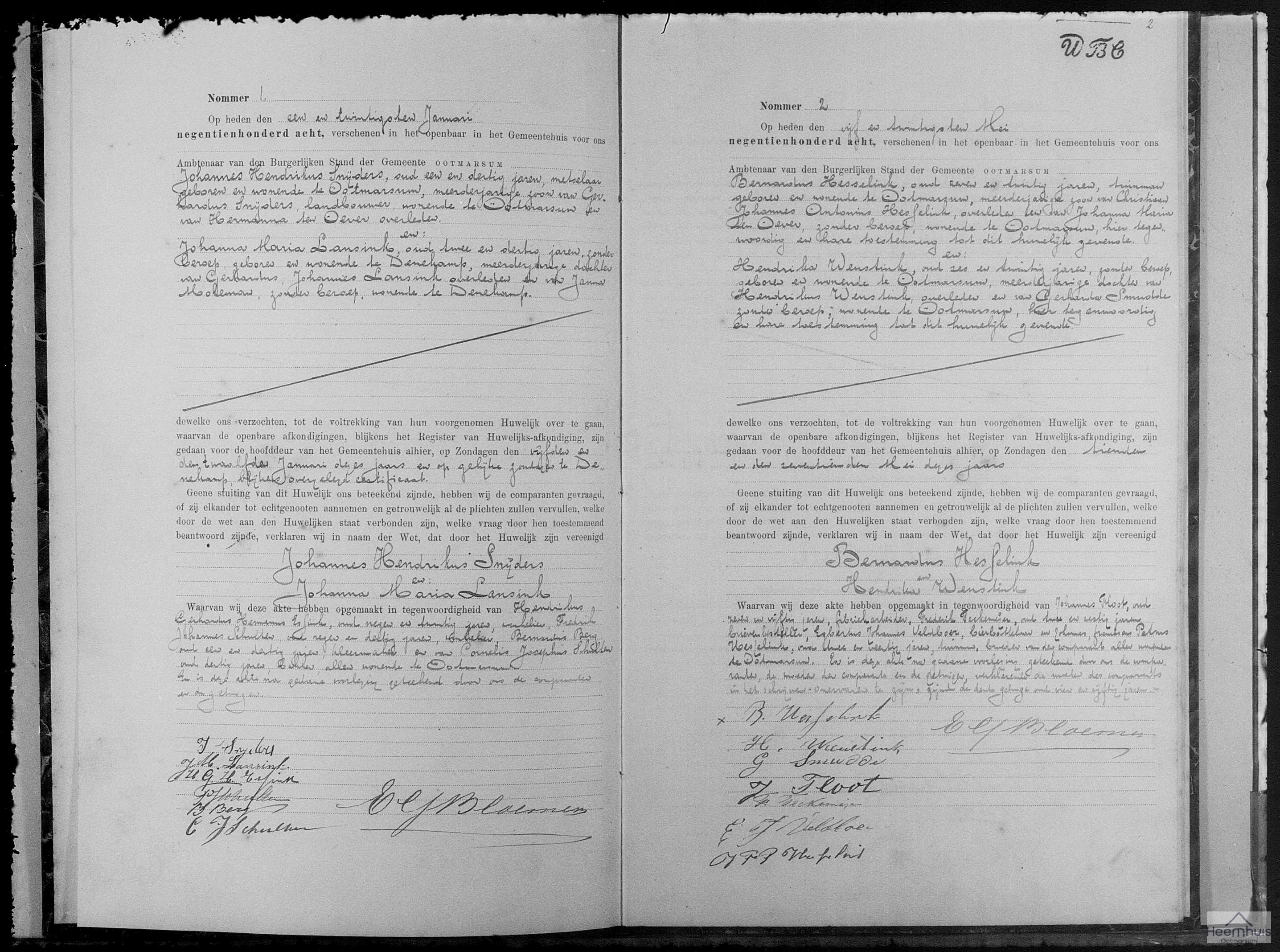 Huwelijksakte van Bernardus Hesselink en Hendrika Weustink