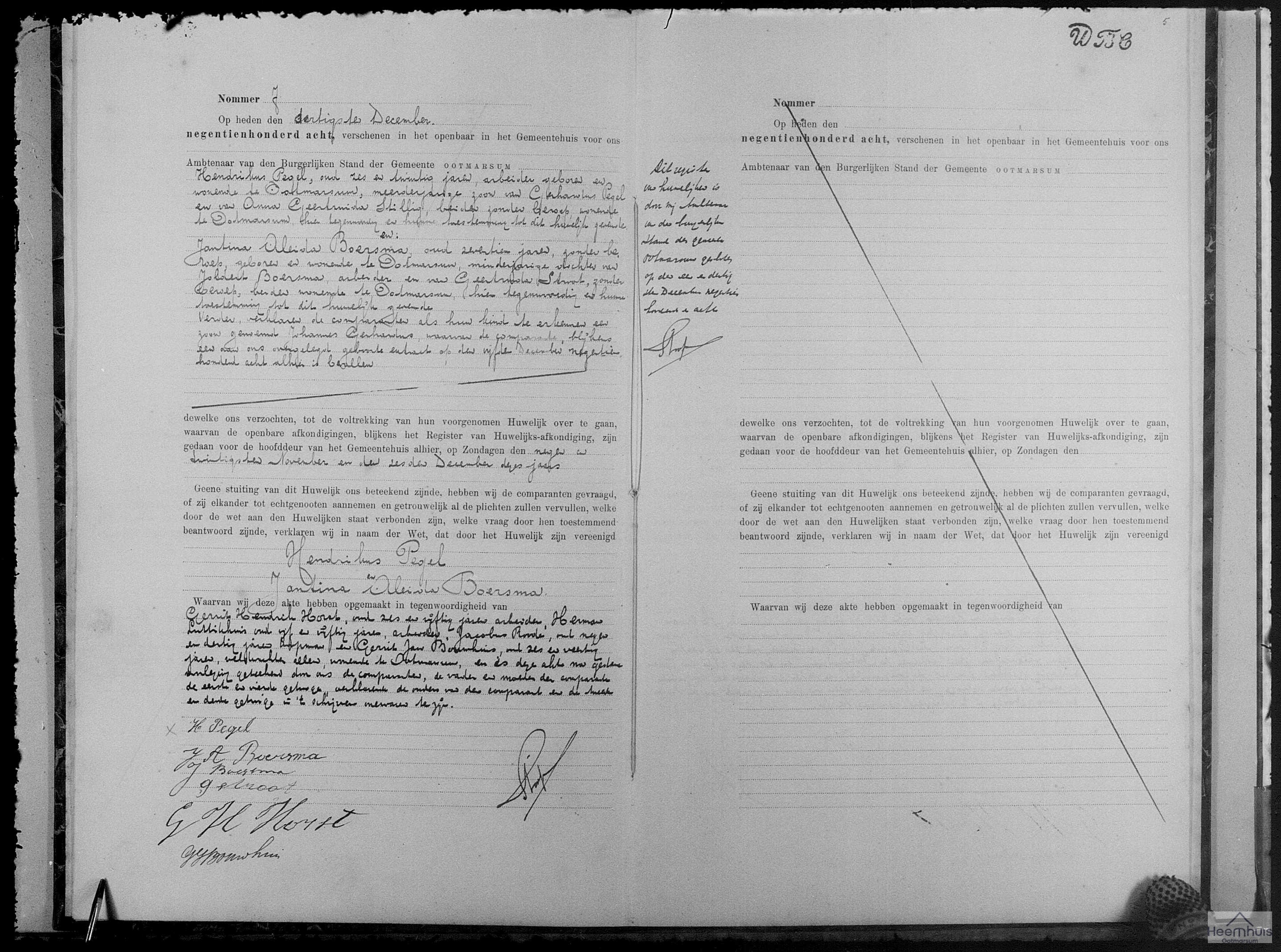 Huwelijksakte van Hendrikus Pegel en Jantina Aleida Boersma