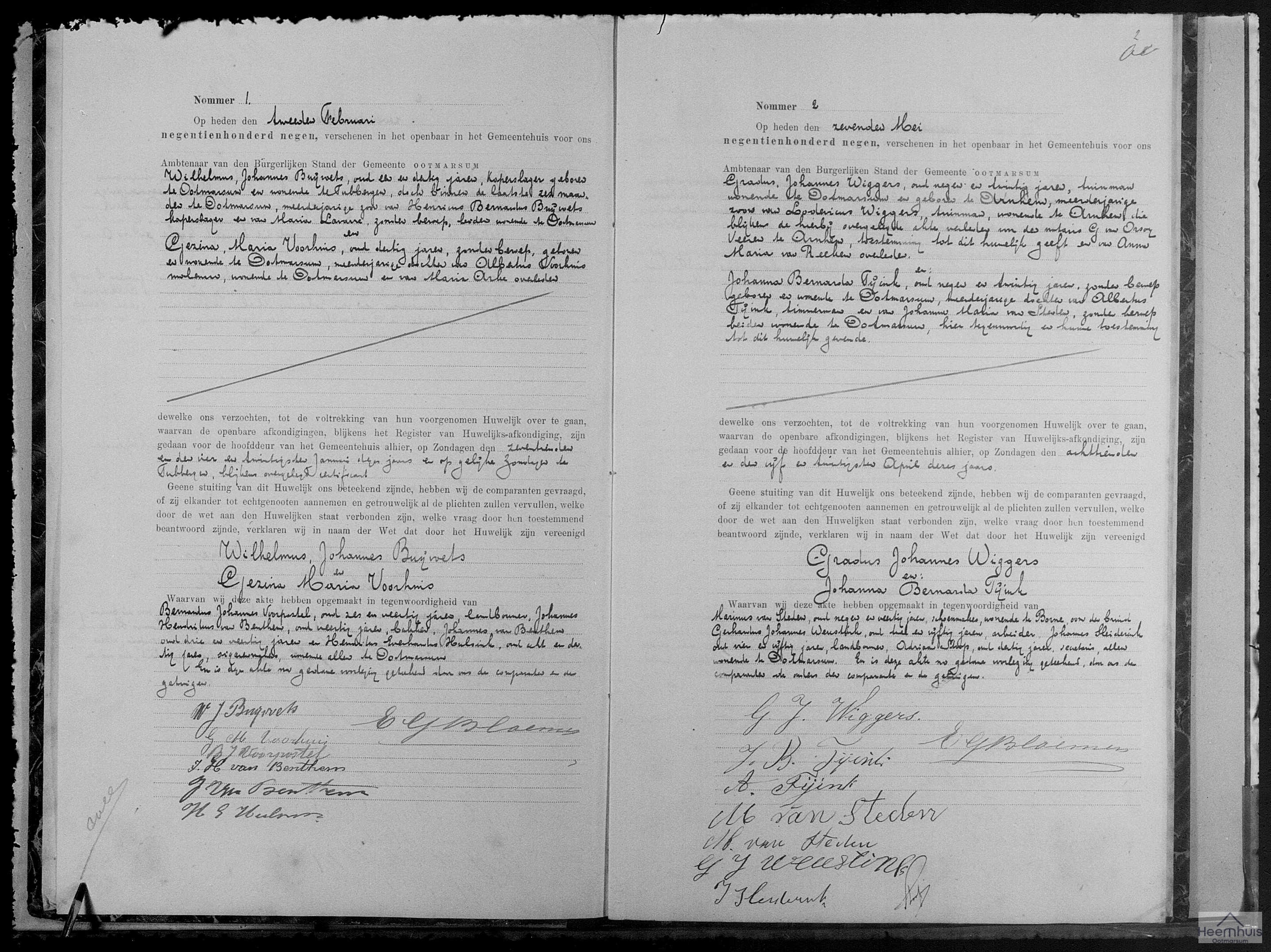 Huwelijksakte van Wilhelmus Johannes Buijvoets en Gezina Maria Voorhuis