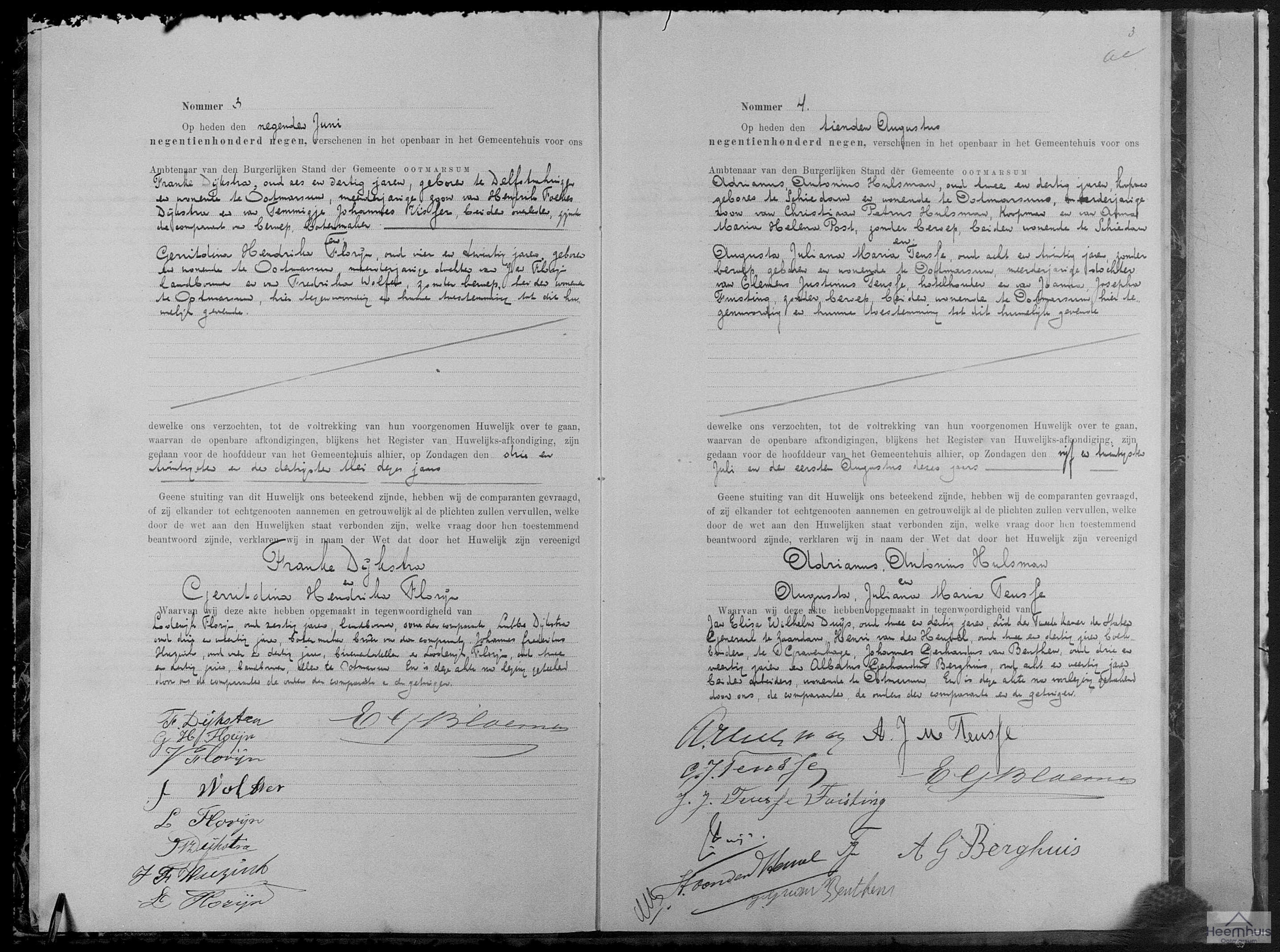 Huwelijksakte van Franke Dijkstra en Gerritdina Hendrika Florijn