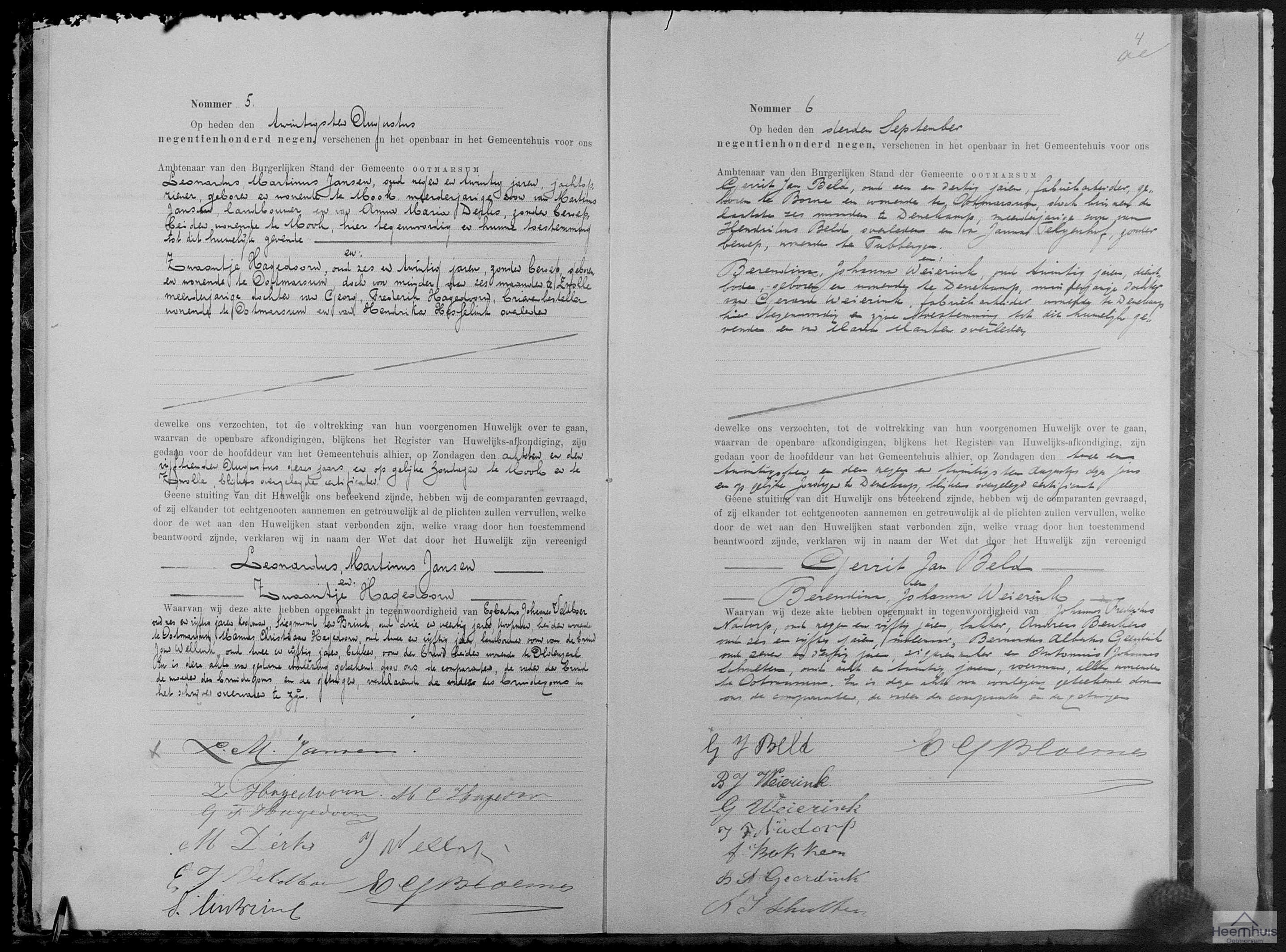 Huwelijksakte van Gerrit Jan Beld en Berendina Johanna Weierink