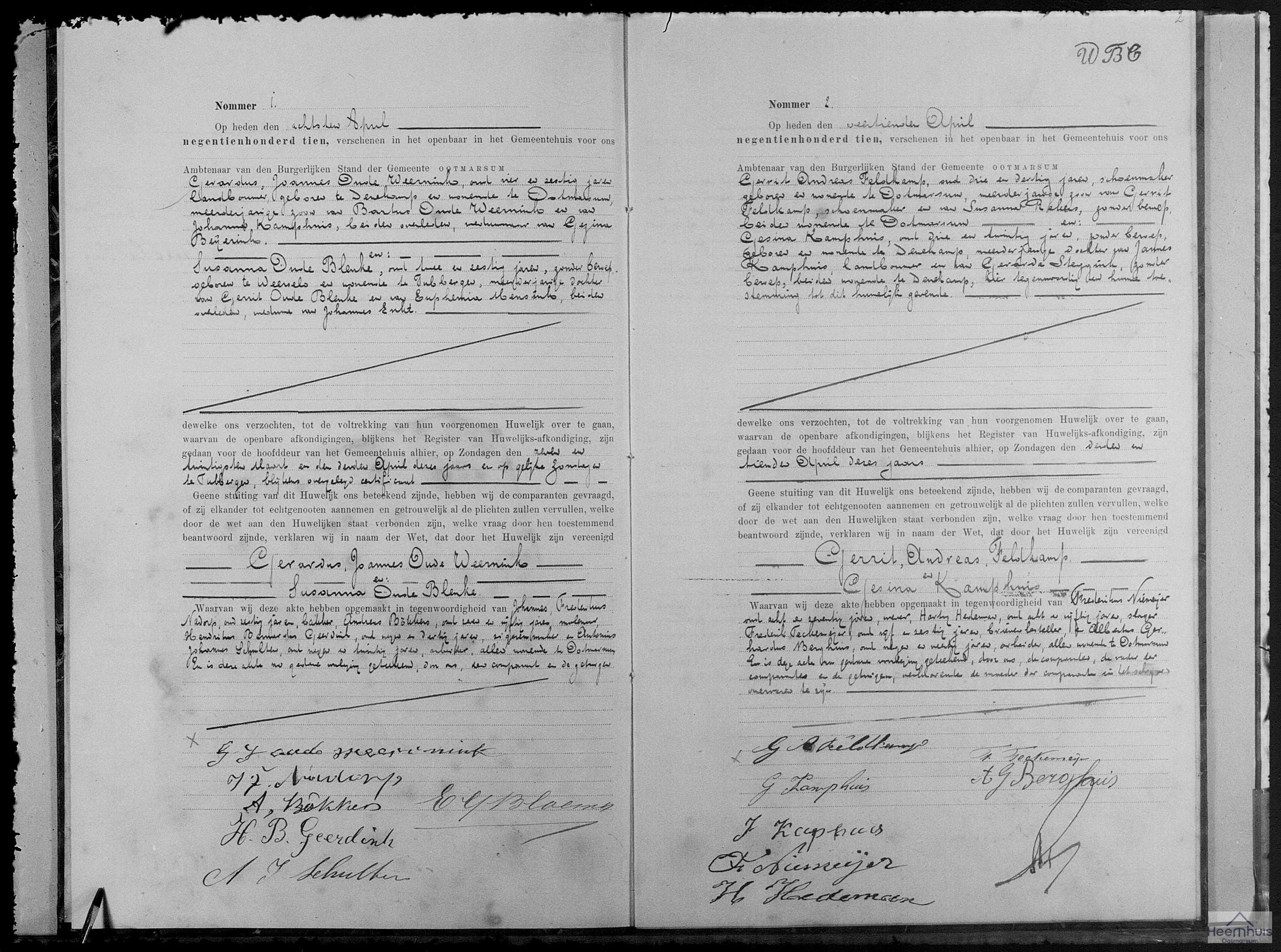 Huwelijksakte van Gerardus Joannes Oude Weernink en Susanna Oude Blenke