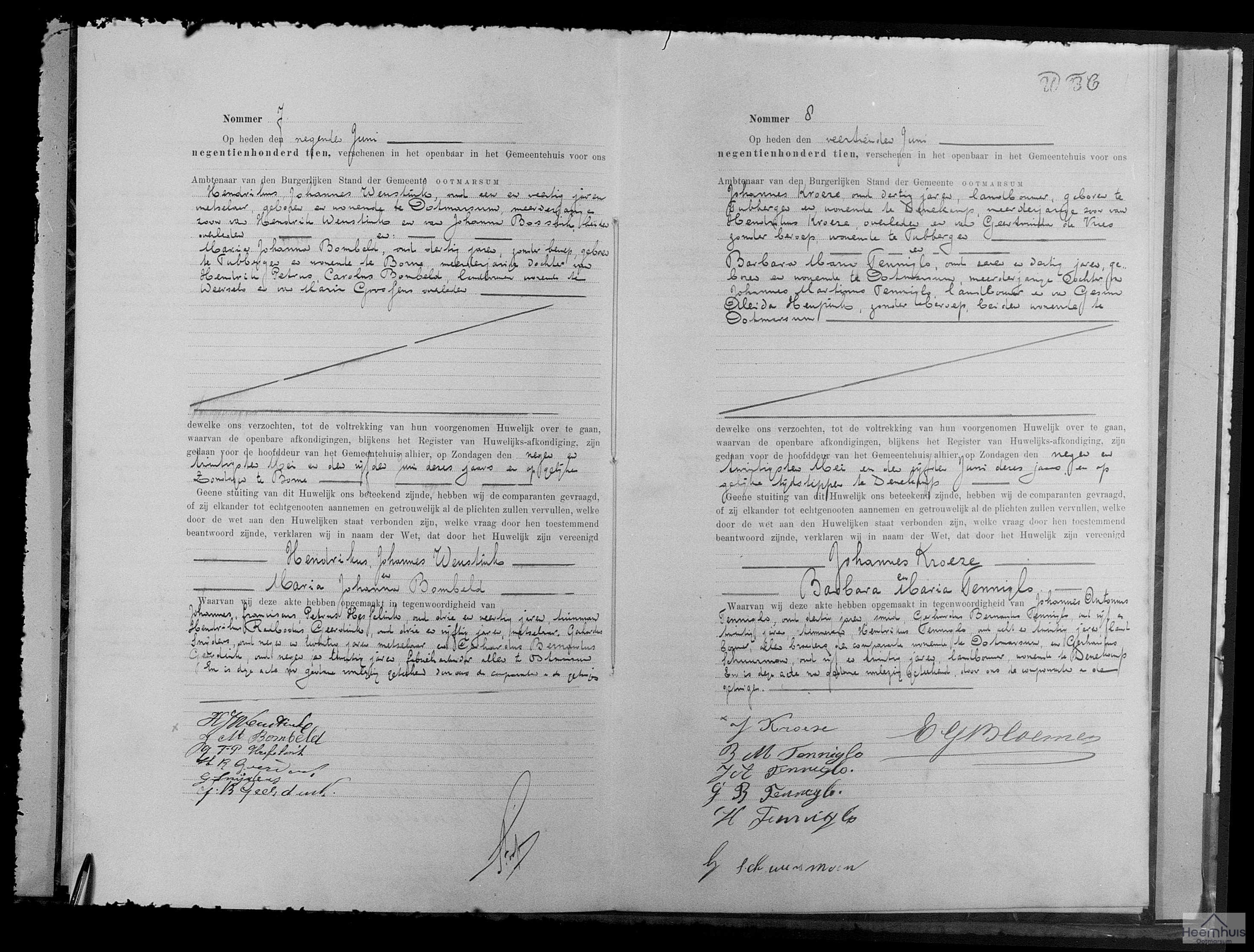 Huwelijksakte van Johannes Kroeze en Barbara Maria Tenniglo