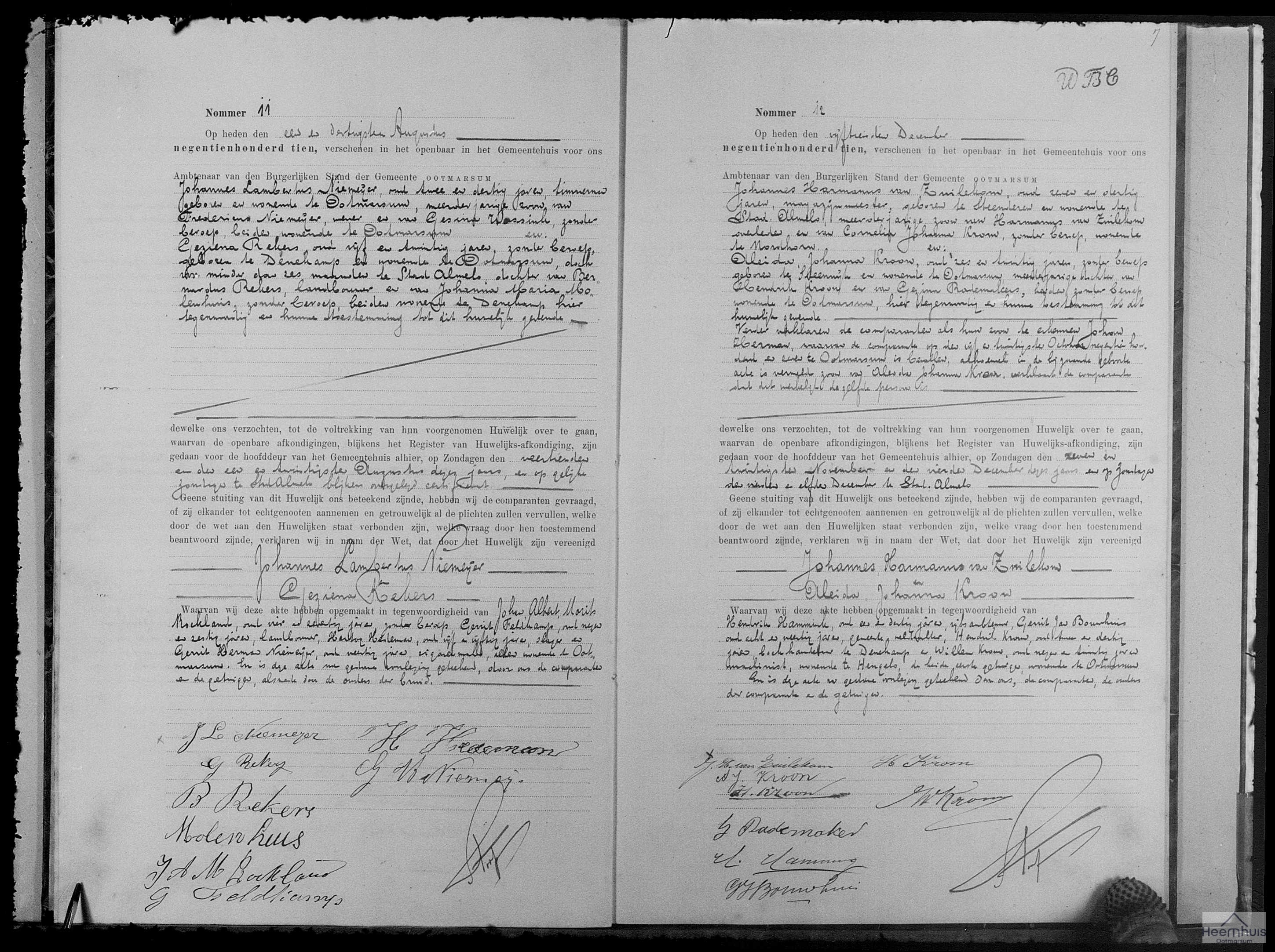 Huwelijksakte van Johannes Harmanus van Zuilekom en Aleida Johanna Kroon