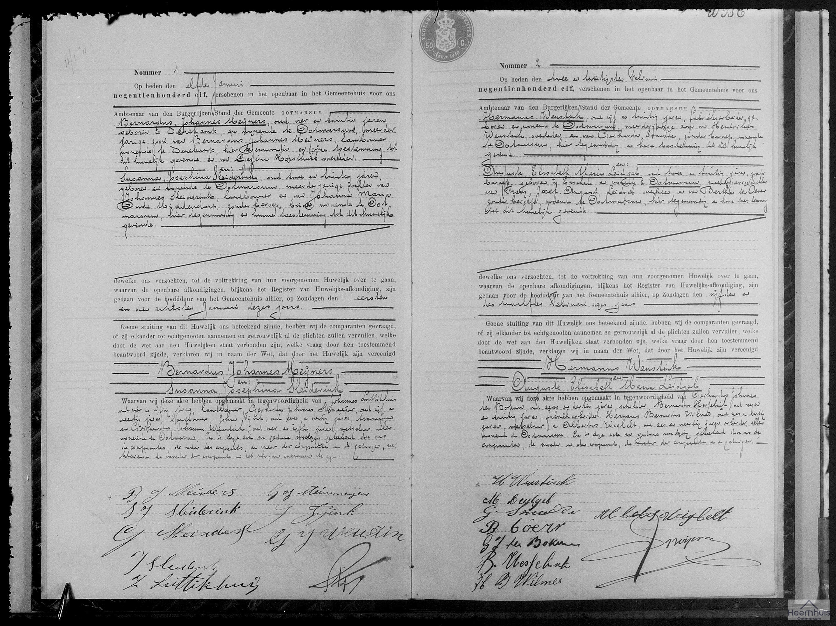 Huwelijksakte van Hermanus Weustink en Auguste Elisabeth Maria Leidgeb